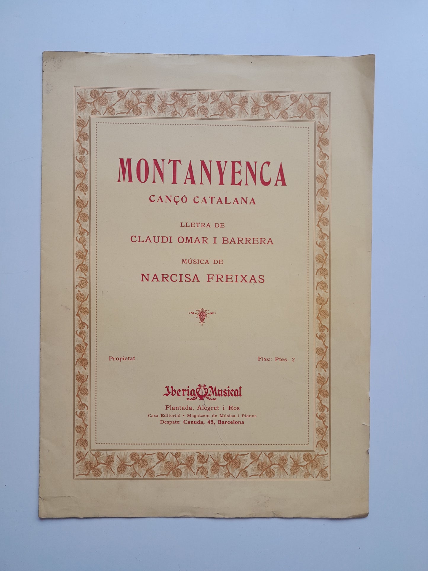 PARTITURA 'MONTANYENCA, CANÇO CATALANA' - CLAUDI OMAR BARRERA I NARCISA FREIXAS (c.1920)