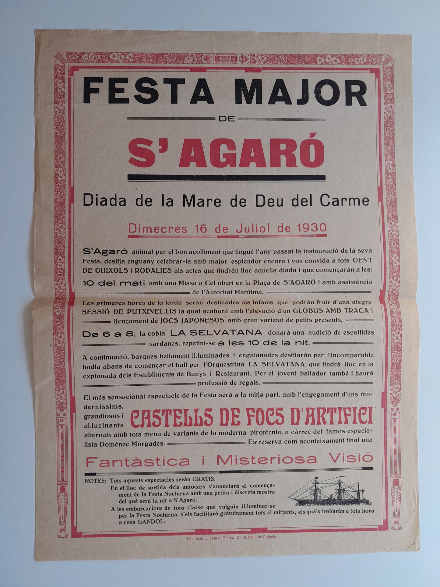PROGRAMA FESTA MAJOR DE S'AGARÓ (SANT FELIU DE GUÍXOLS, 1930)