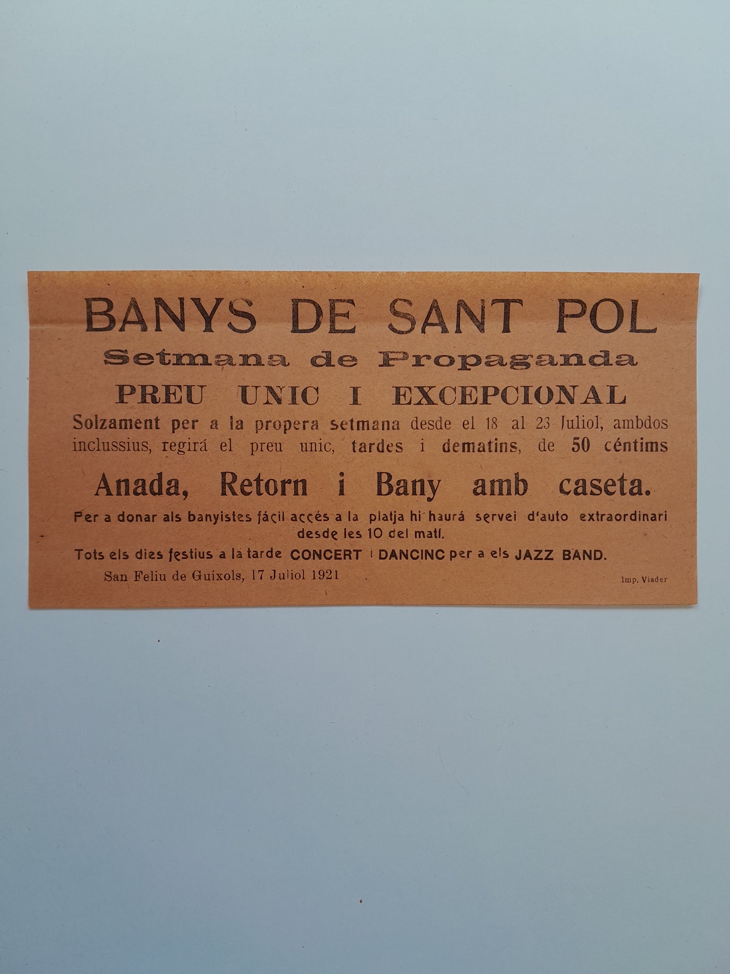 PUBLICITAT BANYS DE SANT POL O DE S'AGARÓ (SANT FELIU DE GUÍXOLS, 1921)