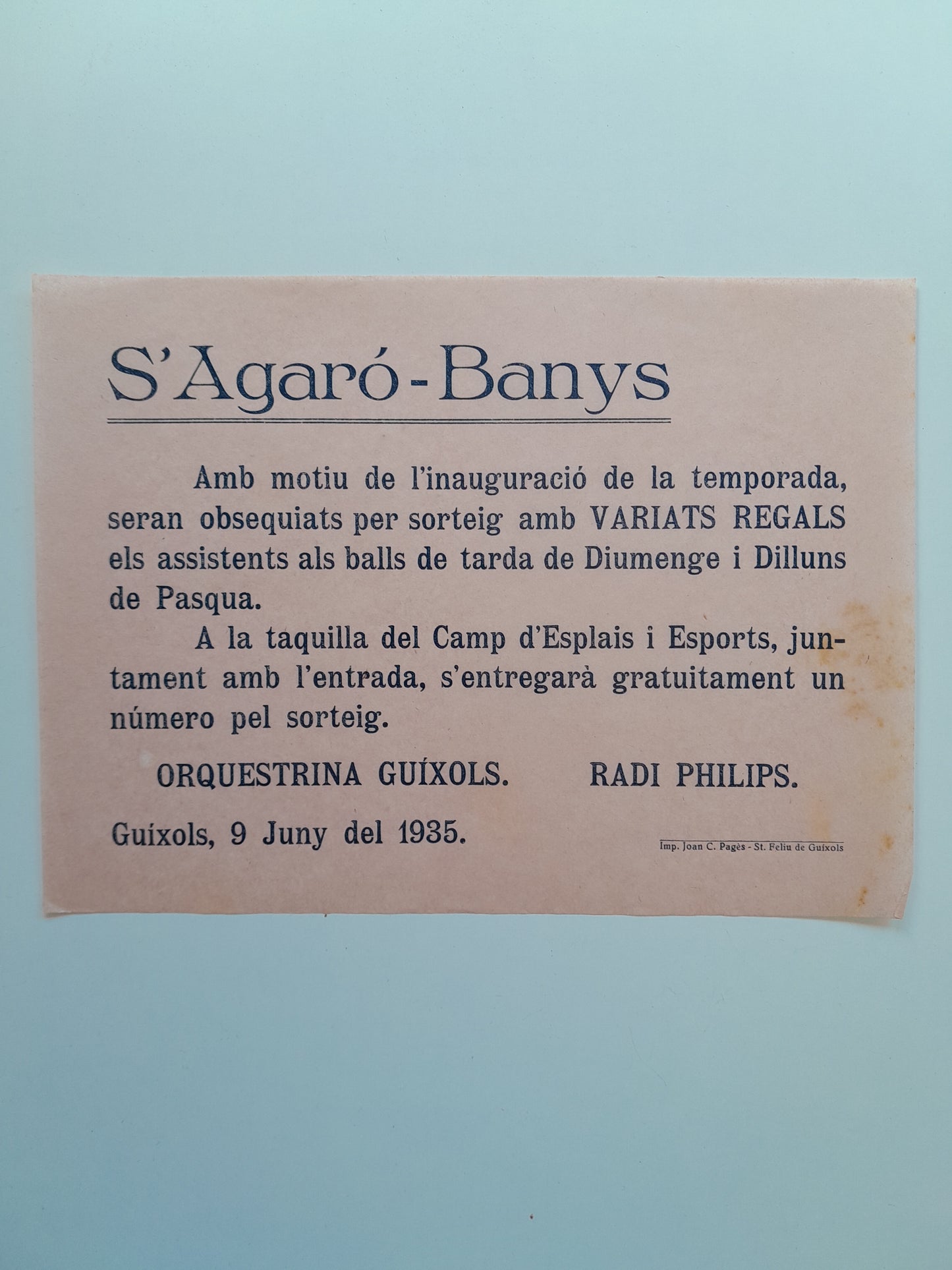PUBLICITAT BANYS DE S'AGARÓ (SANT FELIU DE GUÍXOLS, 1935)