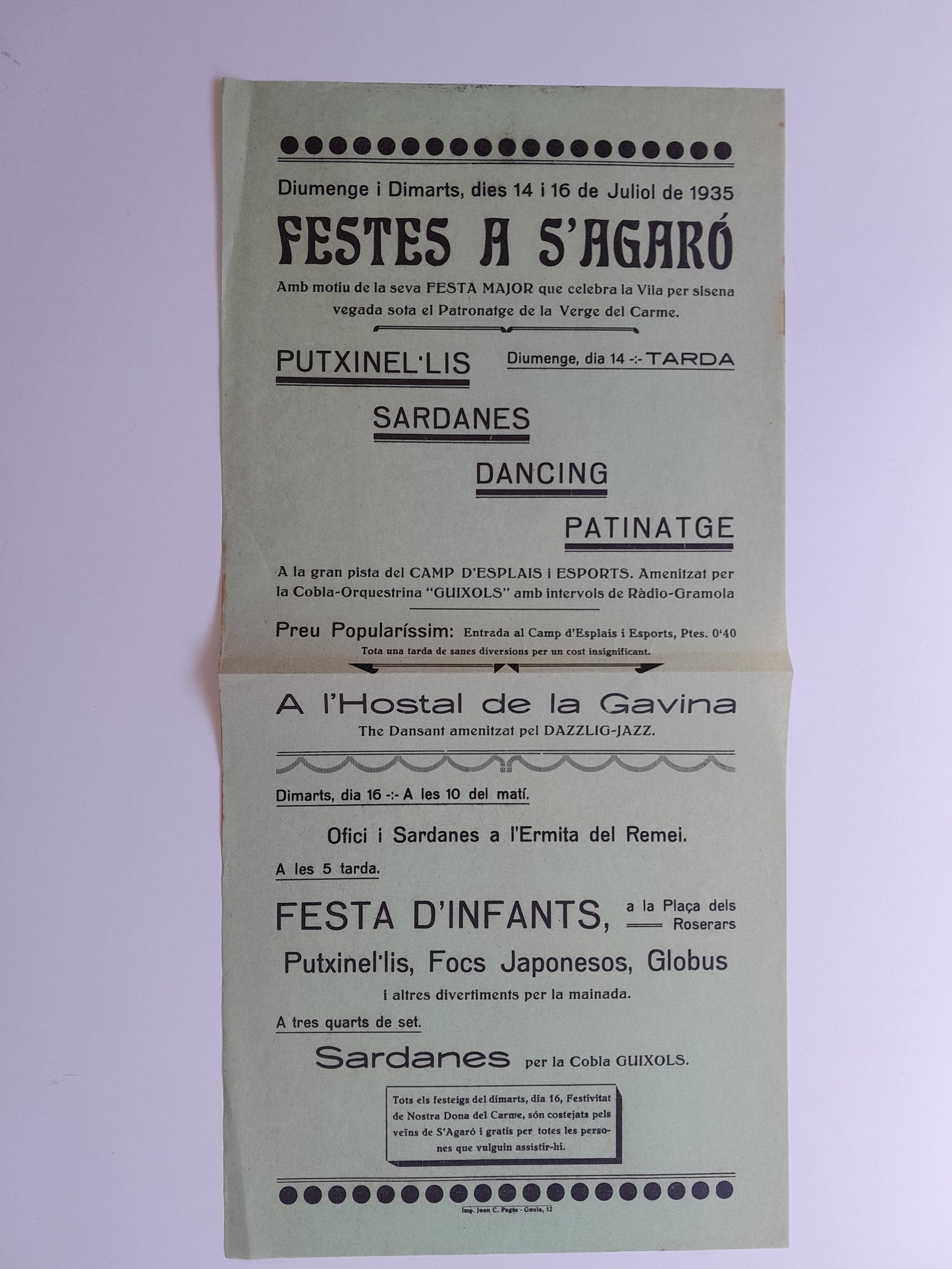 PROGRAMA FESTA MAJOR DE S'AGARÓ (SANT FELIU DE GUÍXOLS, 1935)