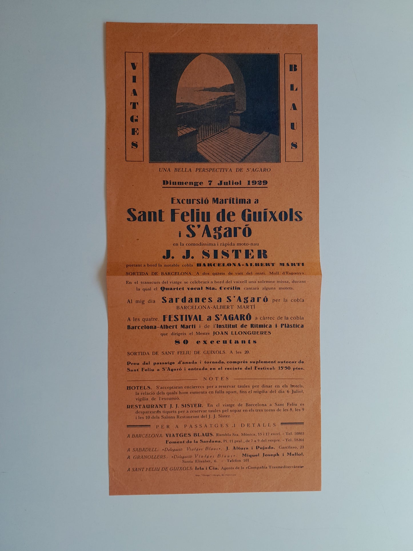 PROGRAMA EXCURSIÓ MARÍTIMA A SANT FELIU DE GUÍXOLS I S'AGARÓ (SANT FELIU DE GUÍXOLS, 1929)