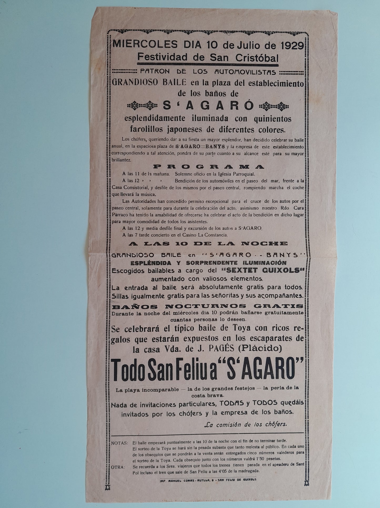PROGRAMA FESTES DE SANT CRISTÒFOR ALS BANYS DE S'AGARÓ (SANT FELIU DE GUÍXOLS, 1929)