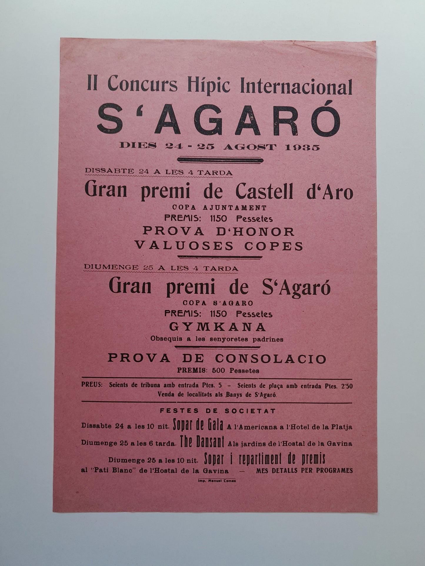 PROGRAMA II CONCURS HÍPIC DE S'AGARÓ (SANT FELIU DE GUÍXOLS, 1935)