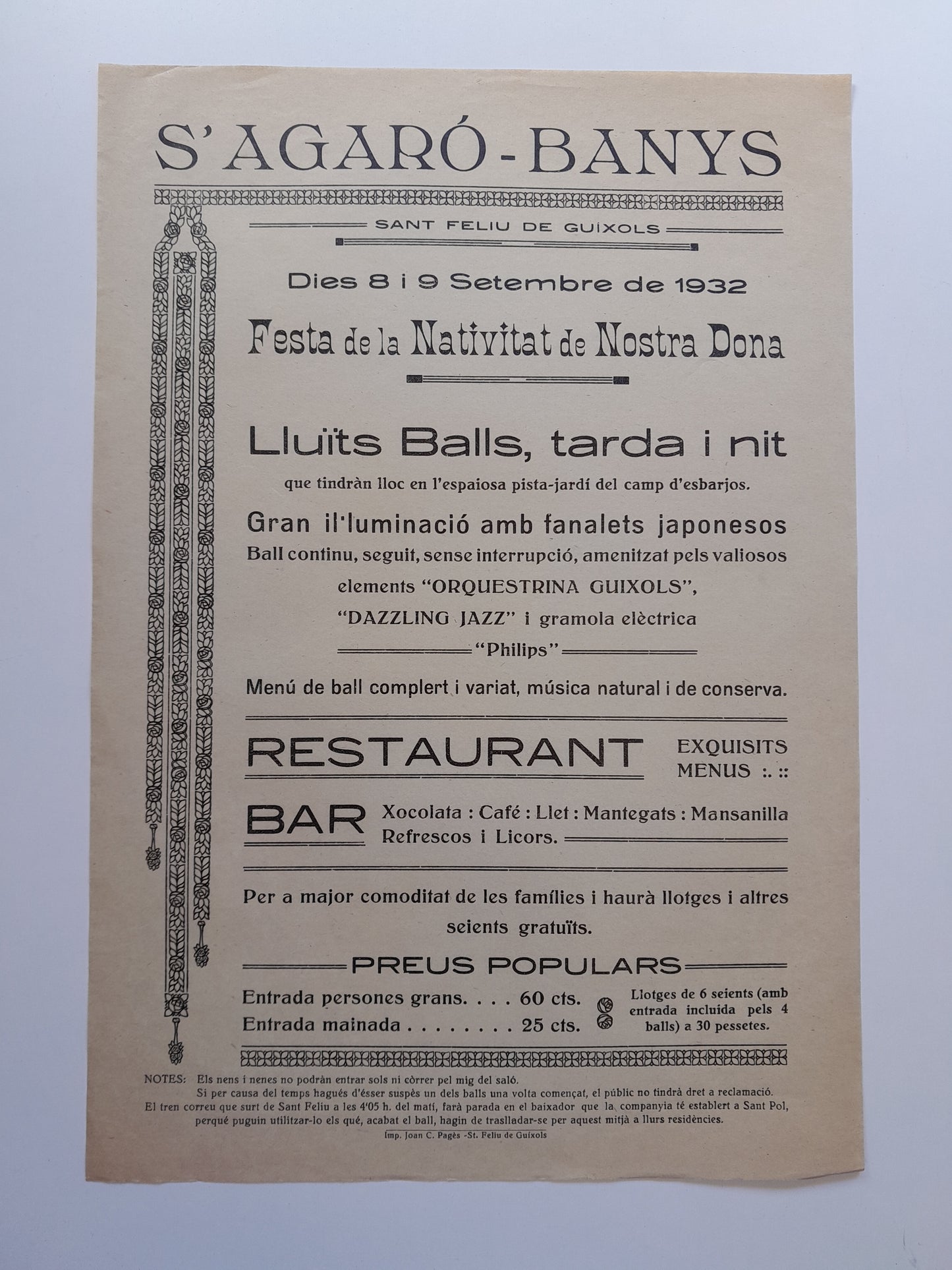PROGRAMA FESTA DE LA NATIVITAT DE NOSTRA DONA ALS BANYS DE S'AGARÓ (SANT FELIU DE GUÍXOLS, 1932)