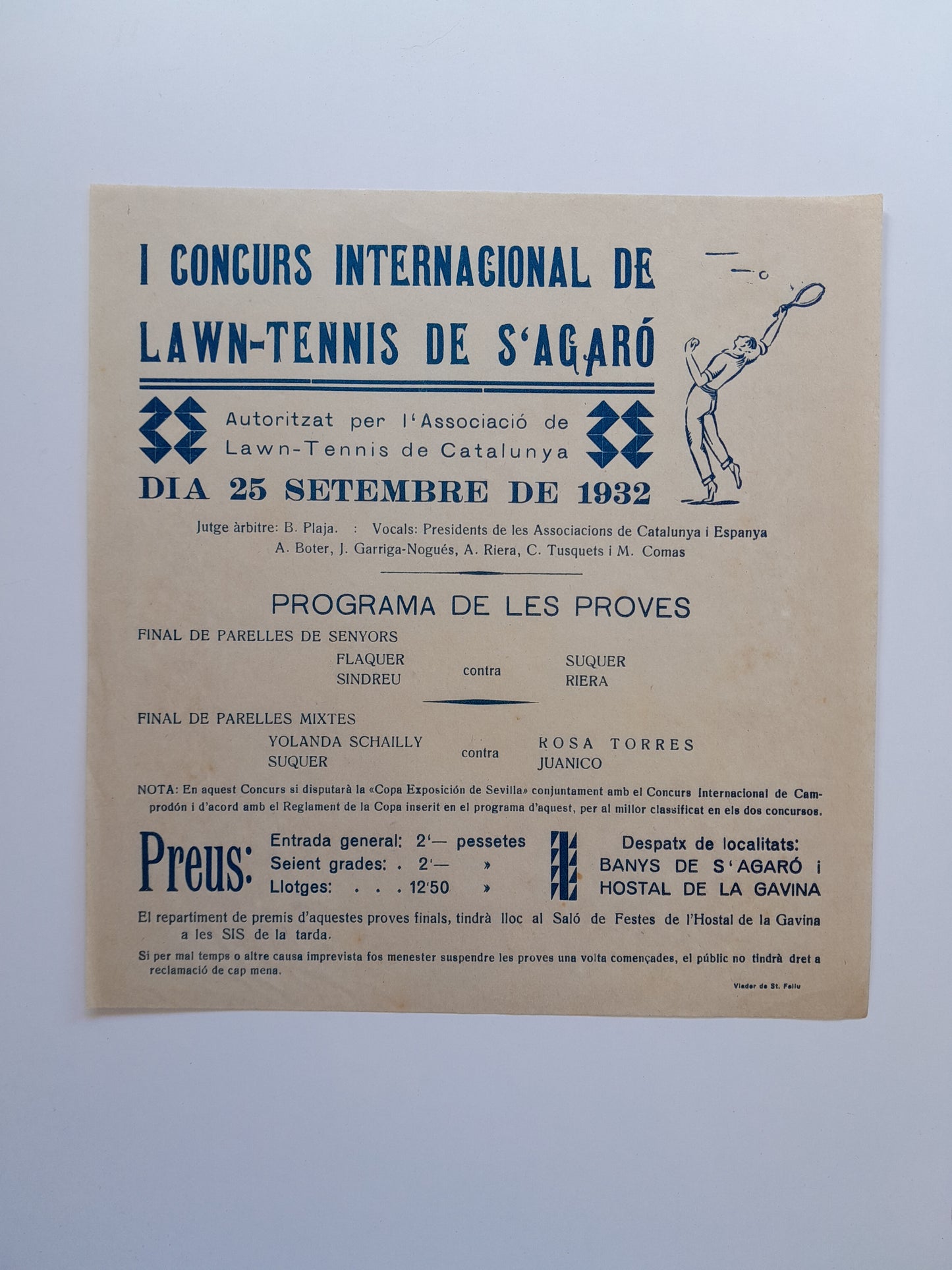 PROGRAMA I CONCURS INTERNACIONAL DE LAWN-TENNIS DE S'AGARÓ (SANT FELIU DE GUÍXOLS, 1932)