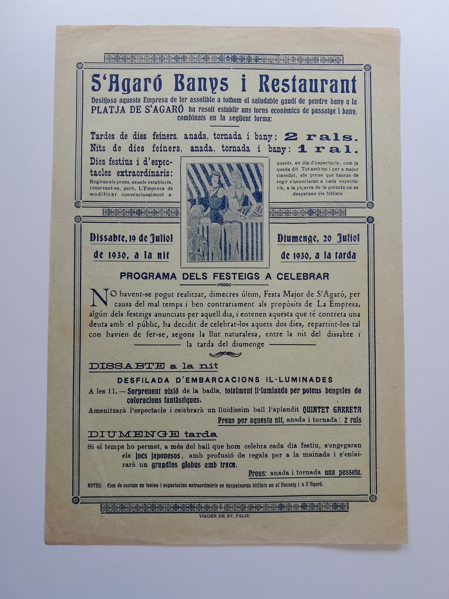 PROGRAMA FESTES ALS BANYS DE S'AGARÓ (SANT FELIU DE GUÍXOLS, 1930)