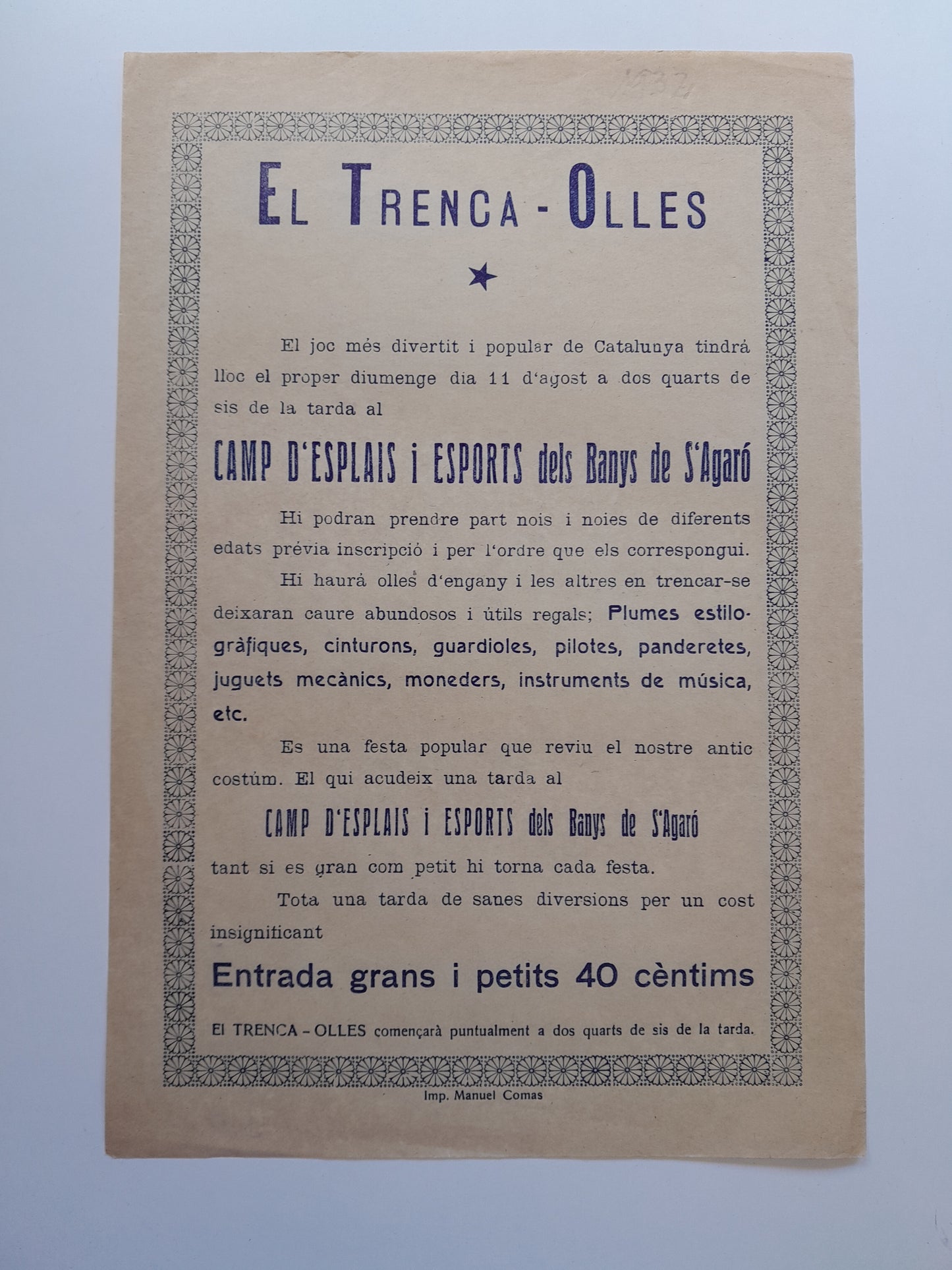 PROGRAMA TRENCA OLLES CAMP D'ESPLAIS I ESPORTS DELS BANYS DE S'AGARÓ (SANT FELIU DE GUÍXOLS, c.1930)