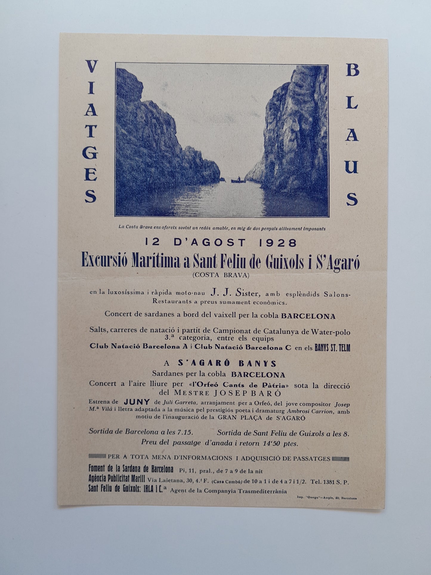PROGRAMA EXCURSIÓ MARÍTIMA A SANT FELIU DE GUÍXOLS I S'AGARÓ (SANT FELIU DE GUÍXOLS, 1928)