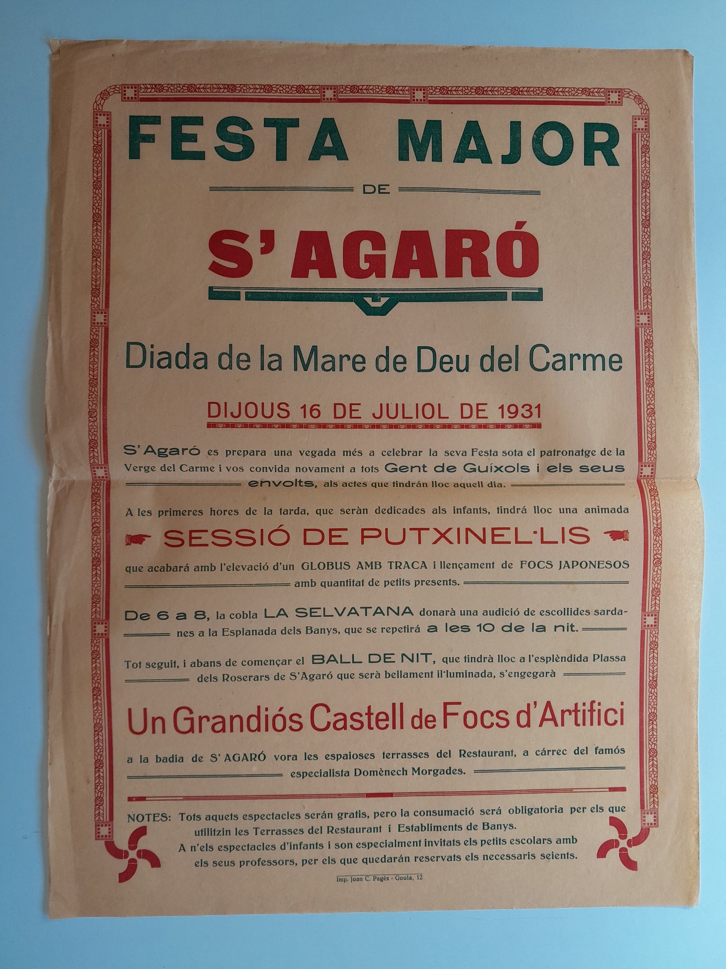 PROGRAMA FESTA MAJOR DE S'AGARÓ (SANT FELIU DE GUÍXOLS, 1931)