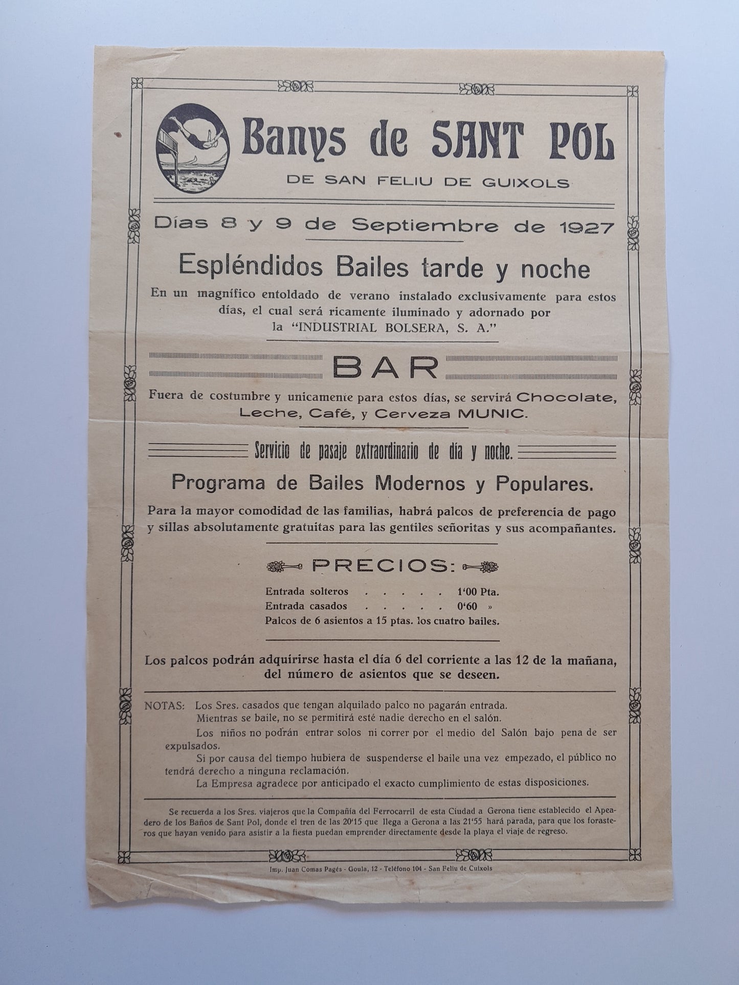 PROGRAMA DE BALLS ALS BANYS DE SANT POL O DE S'AGARÓ (SANT FELIU DE GUÍXOLS, 1927)