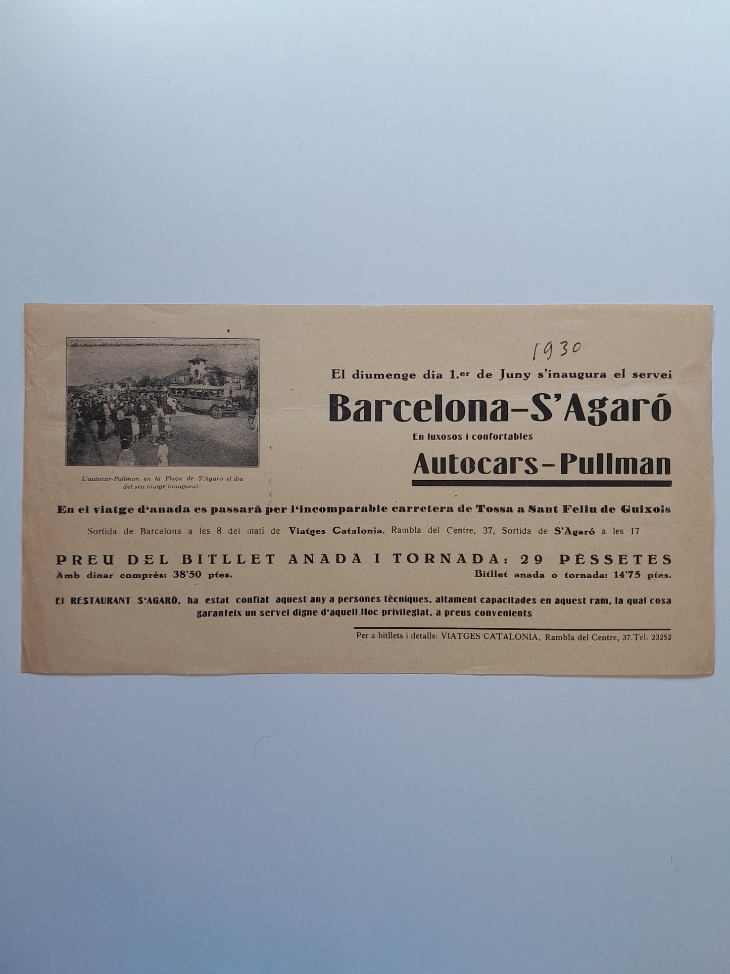 INAUGURACIÓ SERVEI D'AUTORCARS PULLMAN DE BARCELONA A S'AGARÓ (SANT FELIU DE GUÍXOLS, 1930)