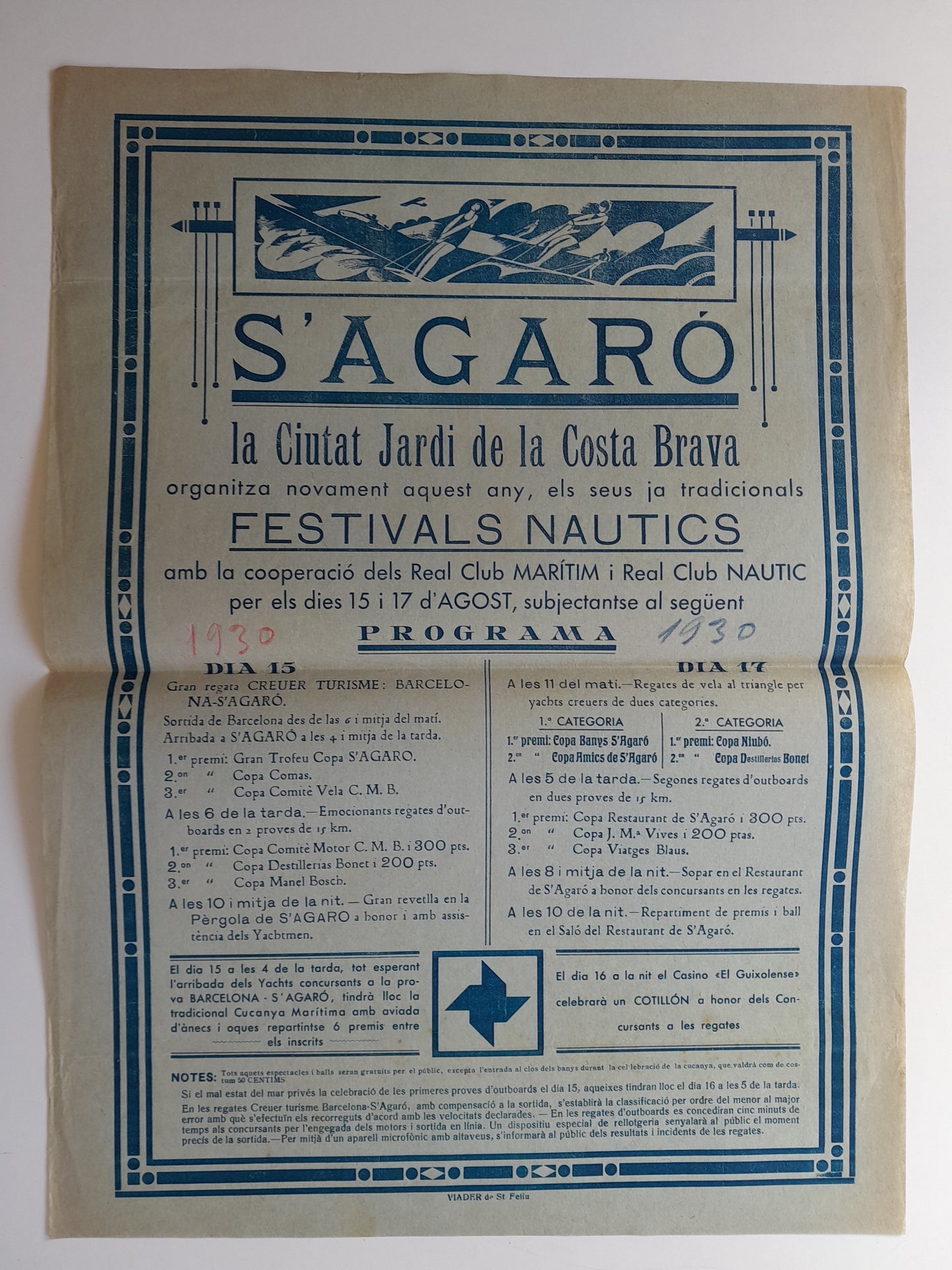 PROGRAMA FESTIVALS NAUTICS DE S'AGARÓ (SANT FELIU DE GUÍXOLS, 1930)