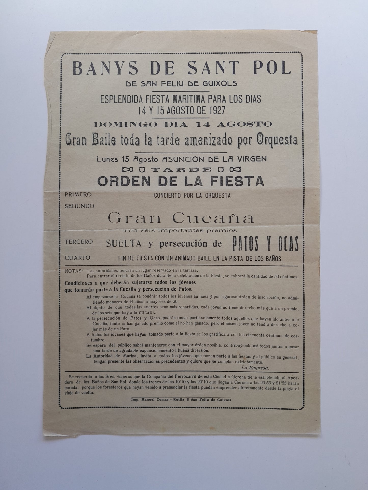 PROGRAMA FESTA MARÍTIMA BANYS DE SANT POL O DE S'AGARÓ (SANT FELIU DE GUÍXOLS, 1927)