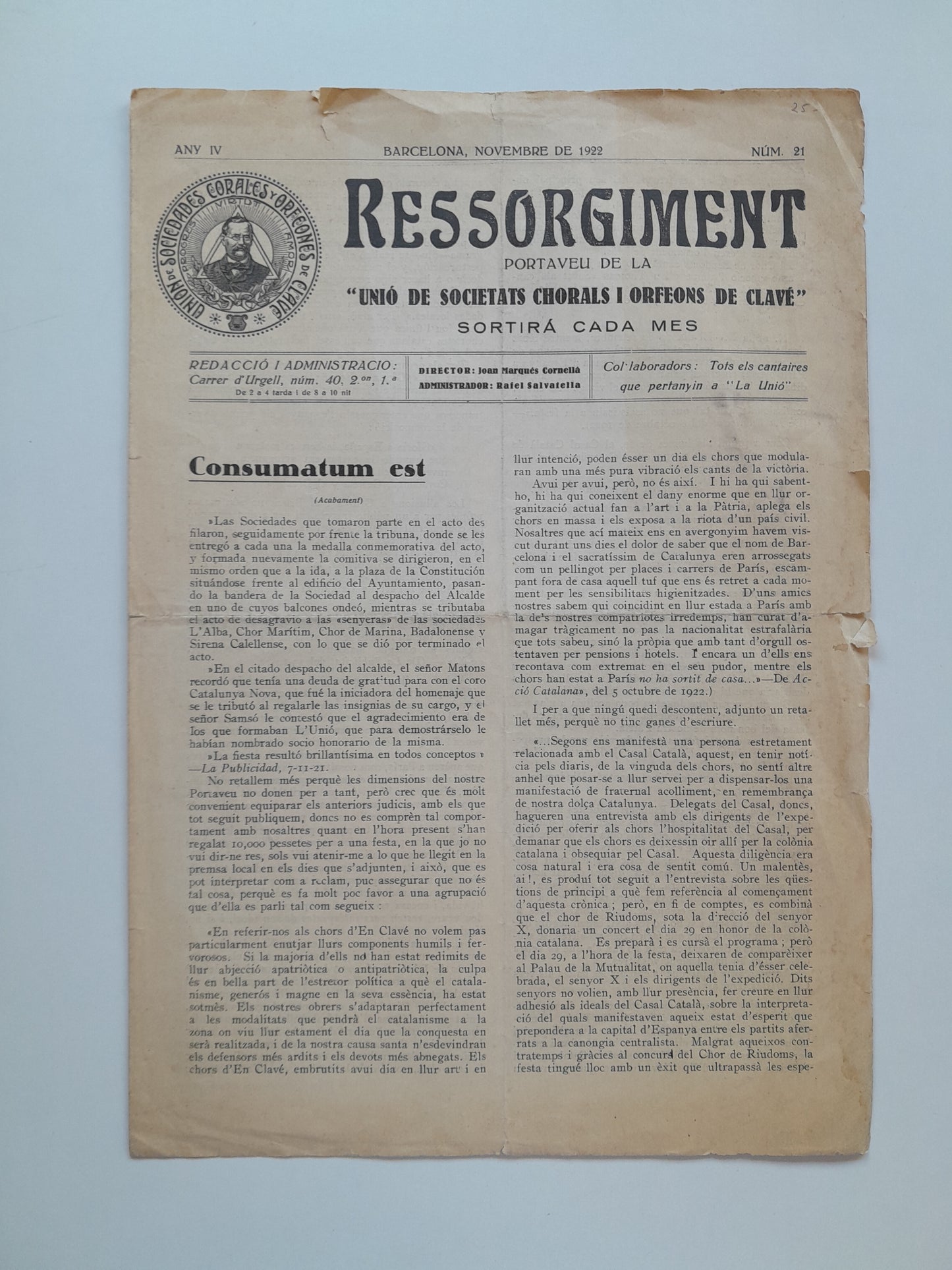 RESSORGIMENT (BARCELONA) - ANY 4, NÚM. 21 (NOVEMBRE 1922)