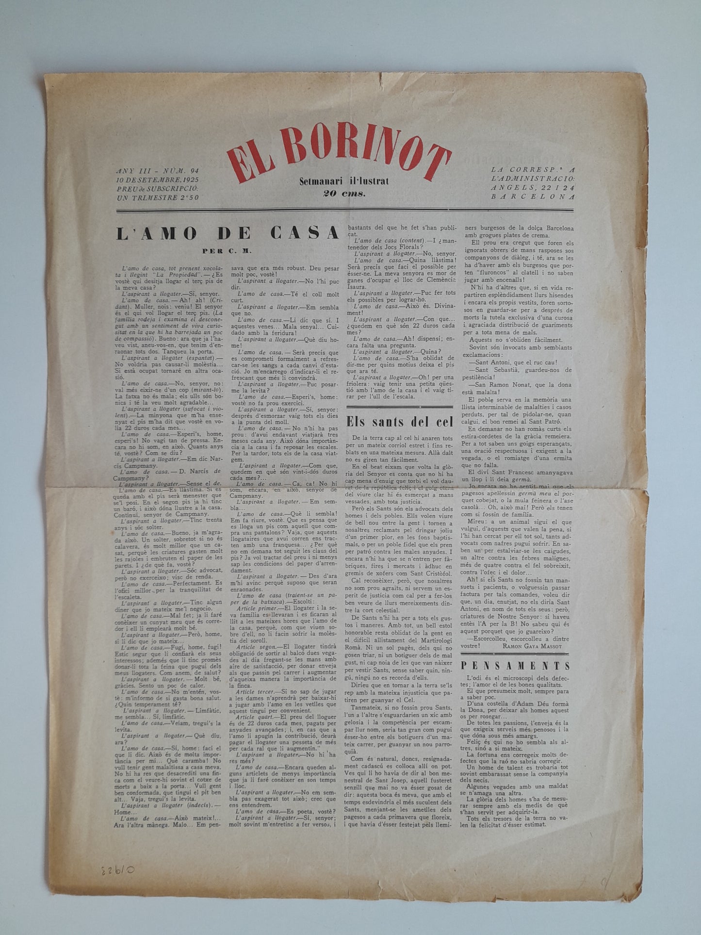 EL BORINOT. SETMANARI IL·LUSTRAT (BARCELONA) - ANY 3, NÚM. 94 (10 SETEMBRE 1925)