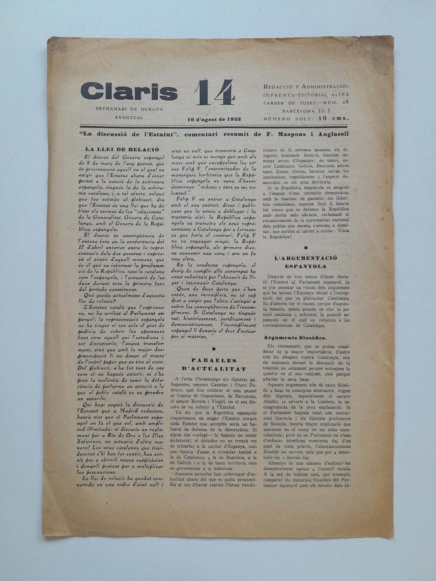 CLARIS 14. SETMANARI DE DURADA EVENTUAL (BARCELONA) - NÚMERO SOLT (16 AGOST 1932)