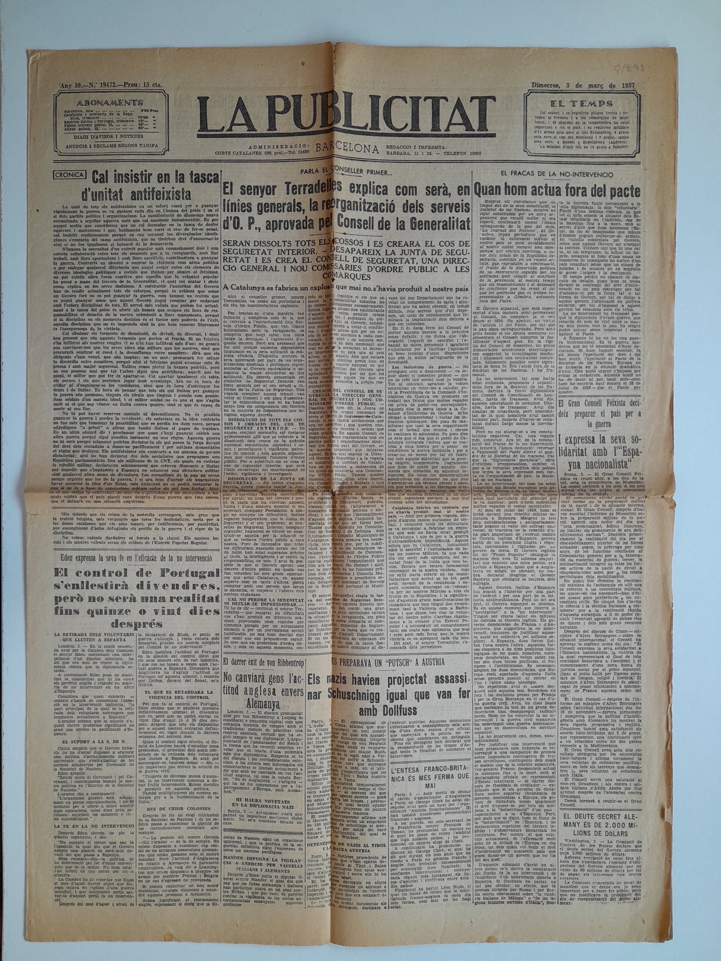 LA PUBLICITAT (BARCELONA) - ANY 59, NÚM. 19472 (3 MARÇ 1937)