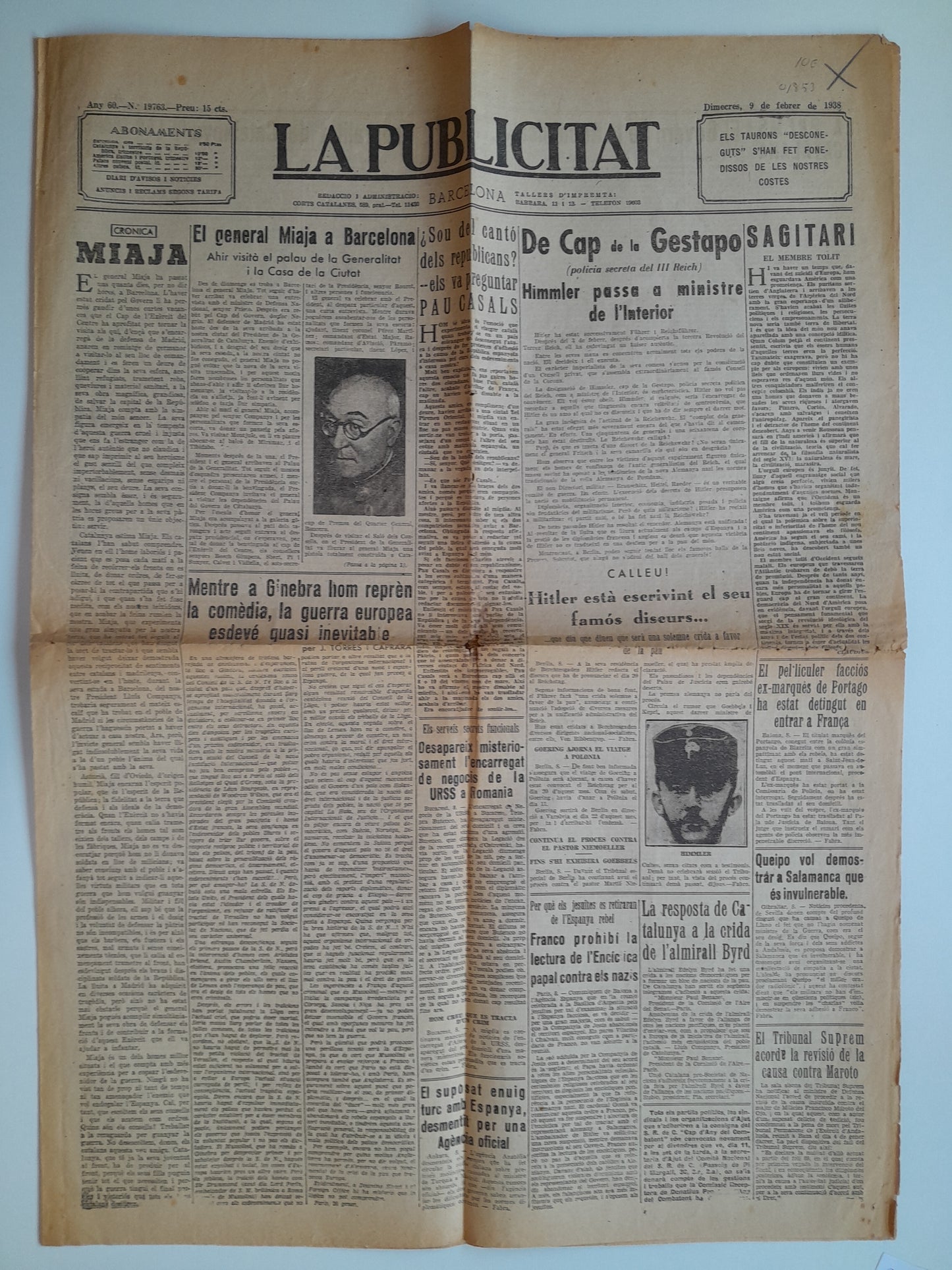 LA PUBLICITAT (BARCELONA) - ANY 60, NÚM. 19763 (9 FEBRER 1938)