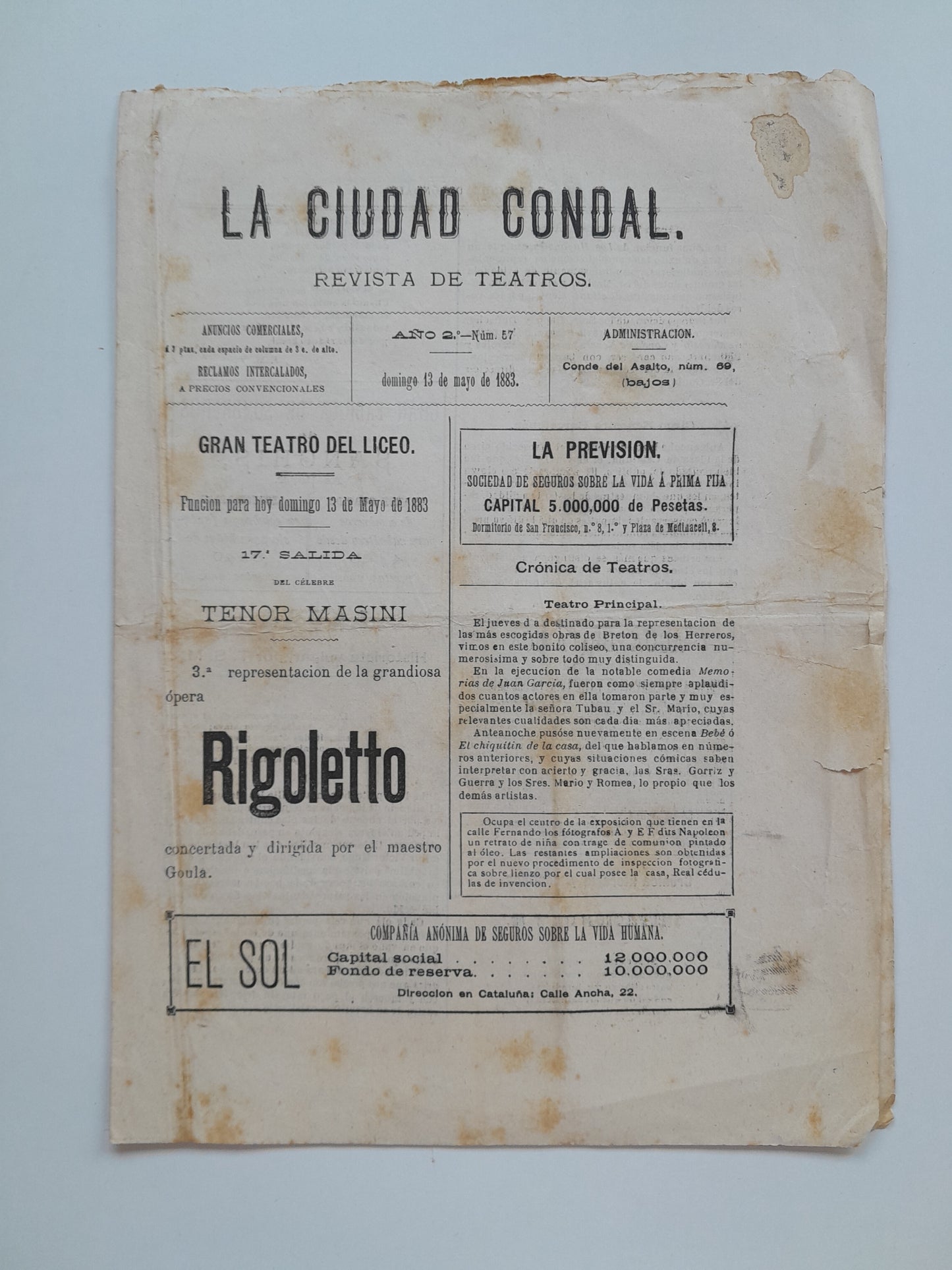 LA CIUDAD CONDAL. REVISTA DE TEATROS (BARCELONA) - ANY 2, NÚM. 57 (13 MAIG 1883)