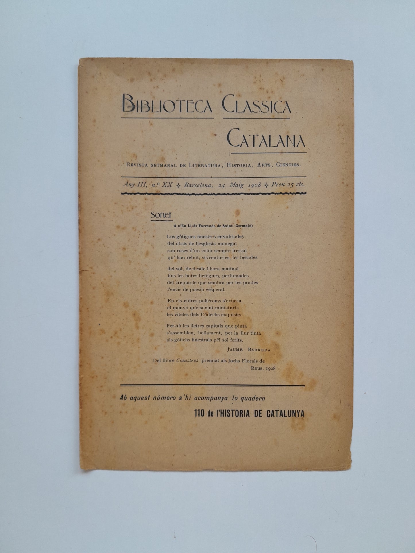 BIBLIOTECA CLASSICA CATALANA (BARCELONA) - ANY 3, NÚM. 20 (24 MAIG 1908)