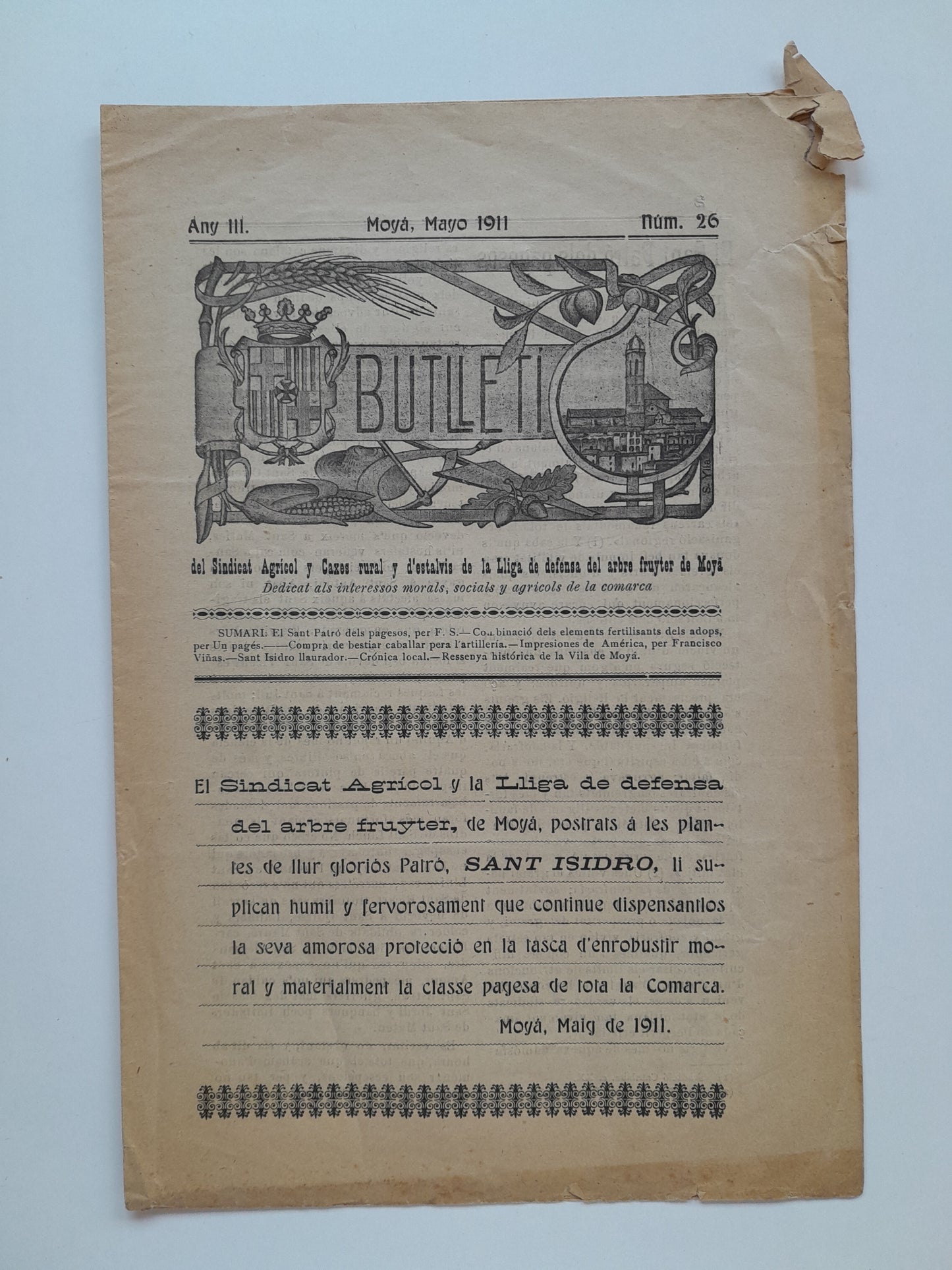 BUTLLETÍ DEL SÍNDIC AGRÍCOL I CAXES RURAL I D'ESTALVIS DE MOYÀ (MOIÀ) - ANY 3, NÚM. 26 (MAIG 1911)