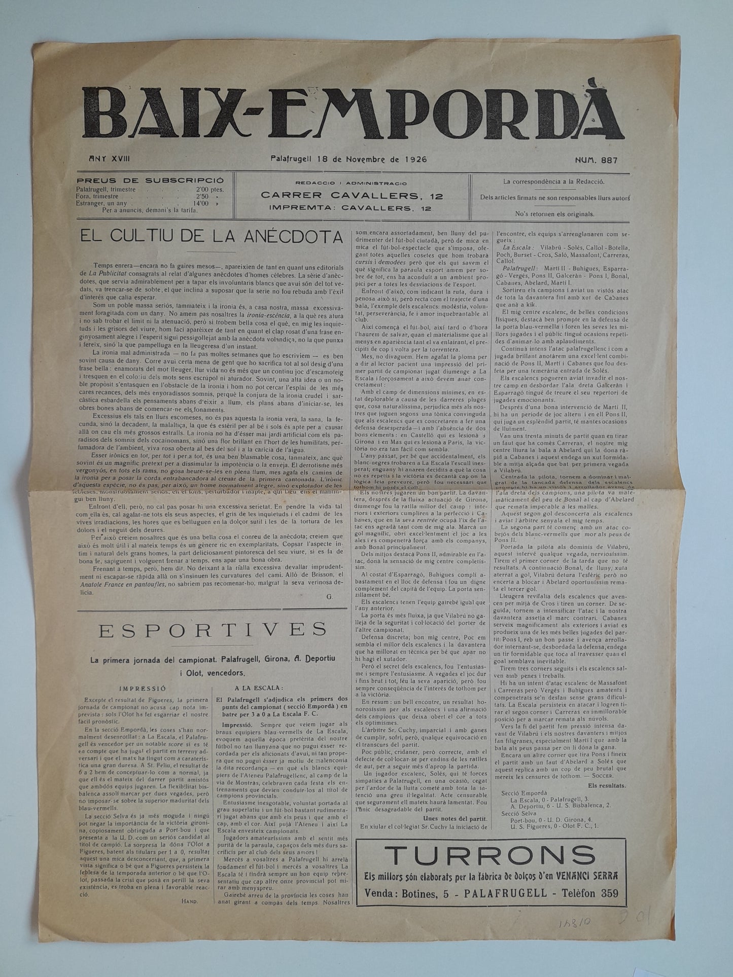 BAIX EMPORDÀ (PALAFRUGELL) - ANY 18, NÚM. 887 (18 NOVEMBRE 1926)
