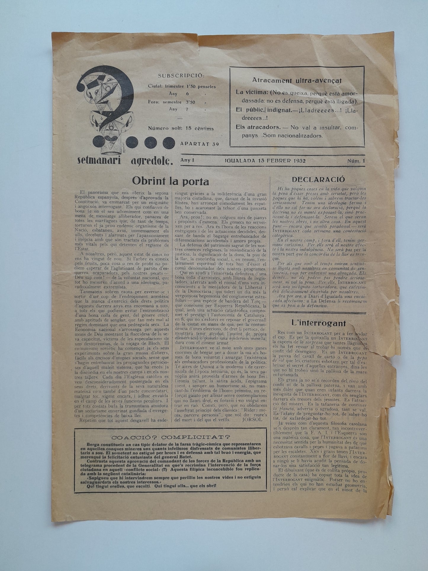 SETMANARI AGREDOLÇ (IGUALADA) - ANY 1, NÚM. 1 (13 FEBRER 1932)