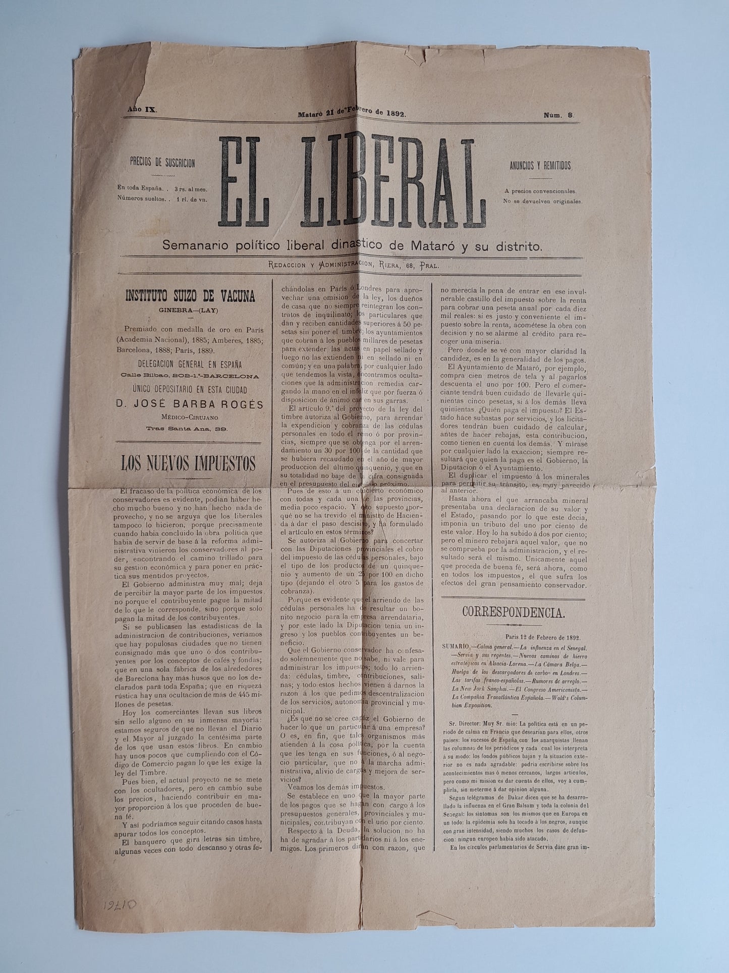 EL LIBERAL (MATARÓ) - ANY 9, NÚM. 8 (21 FEBRER 1892)