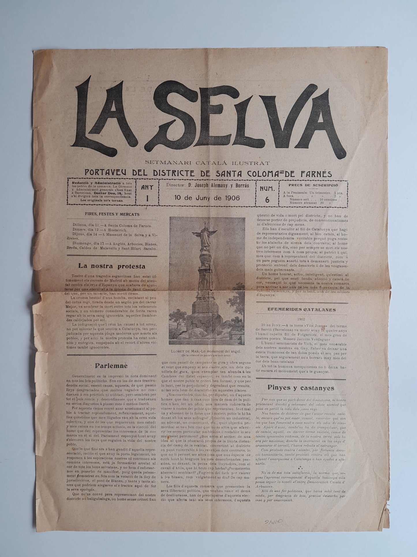 LA SELVA. SETMANARI CATALÀ ILUSTRAT (SANTA COLOMA DE FARNERS) - ANY 1, NÚM. 6 (10 JUNY 1906)