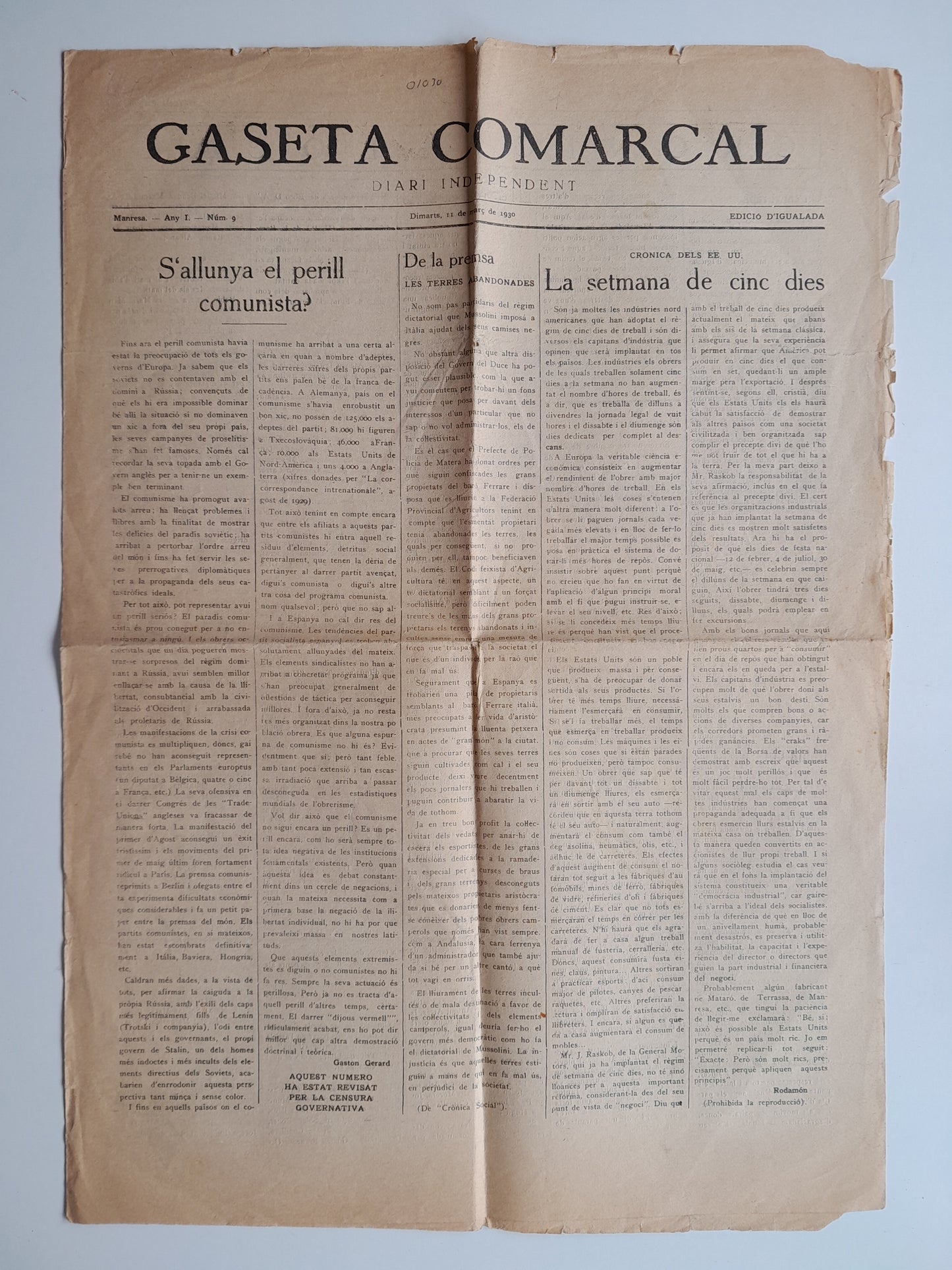 GASETA COMARCAL (MANRESA) - ANY 1, NÚM. 9 (11 MARÇ 1930)