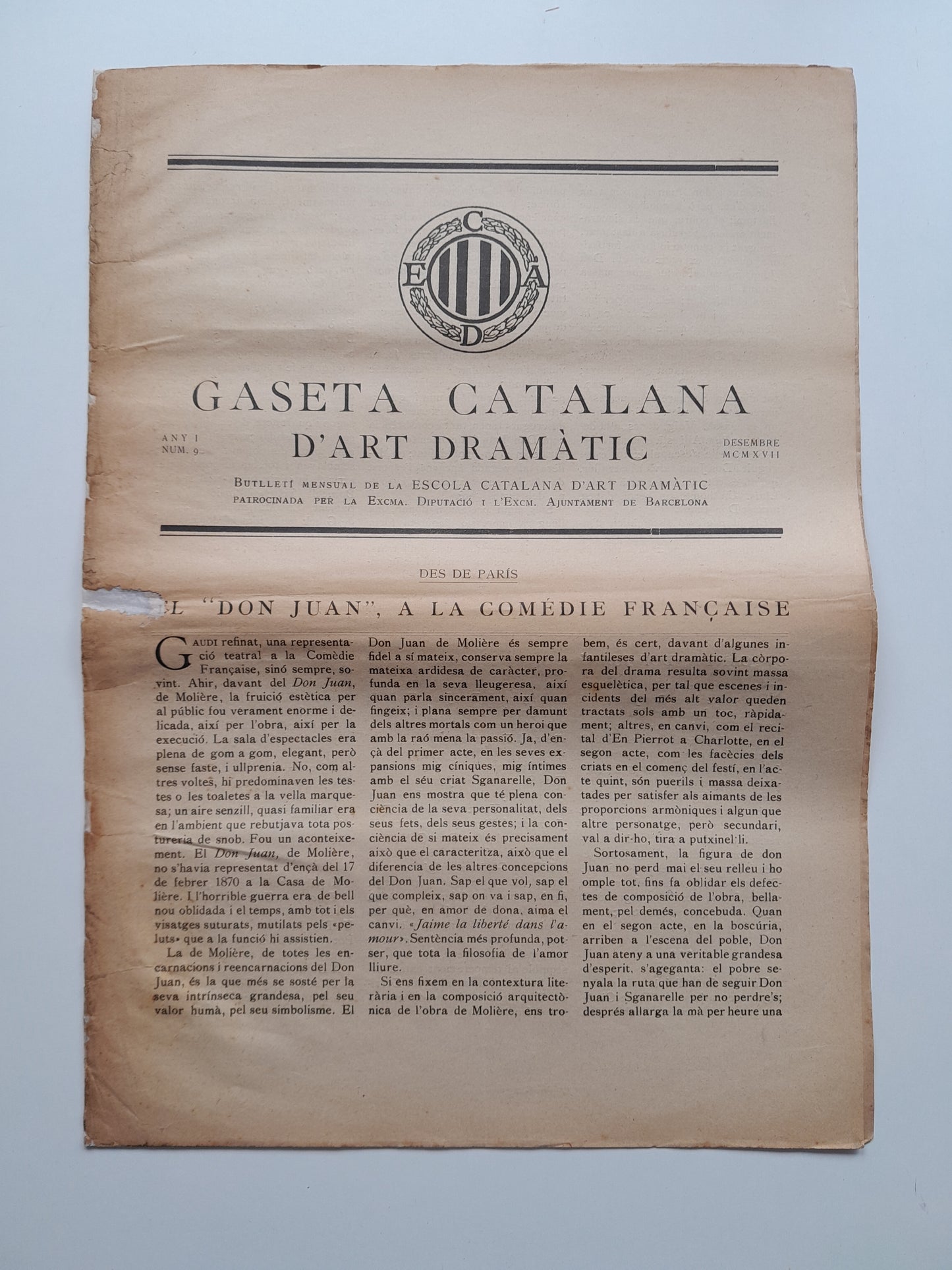 GASETA CATALANA D'ART DRAMÀTIC (BARCELONA) - ANY 1, NÚM. 9 (DESEMBRE 1917)