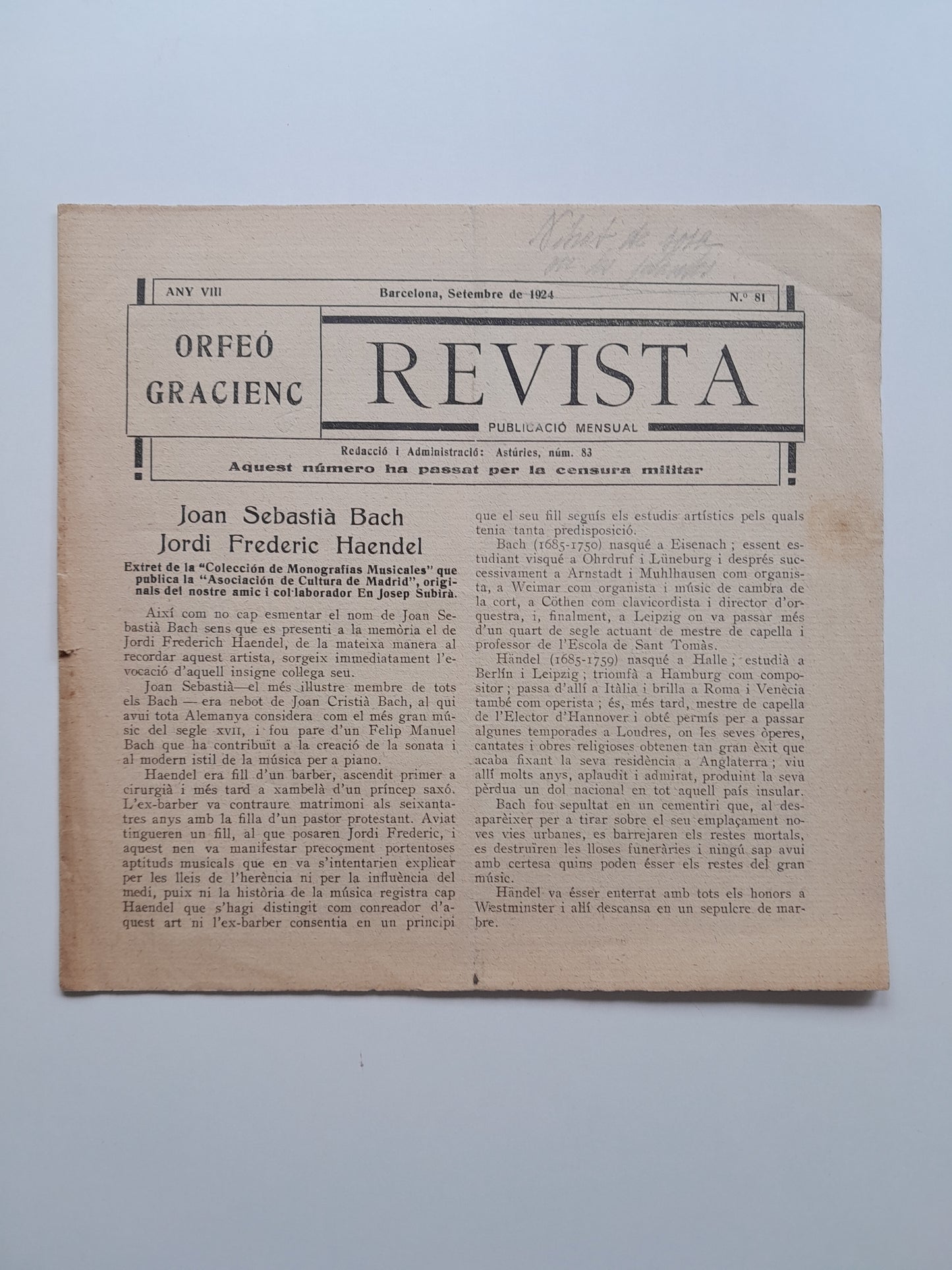 ORFEÓ GRACIENC. REVISTA (BARCELONA) - ANY 8, NÚM. 81 (SETEMBRE 1924)