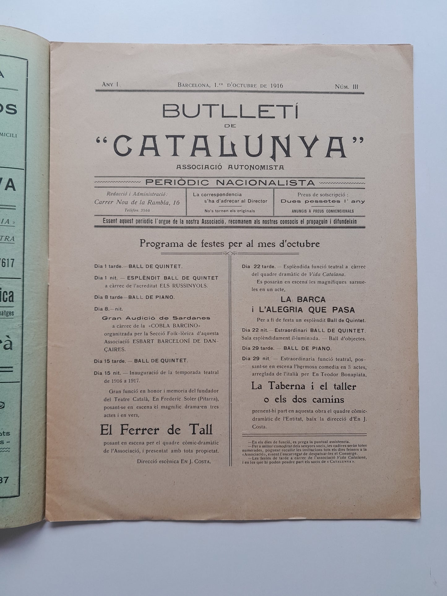 BUTLLETÍ DE CATALUNYA (BARCELONA) - ANY 1, NÚM. 3 (1 OCTUBRE 1916)
