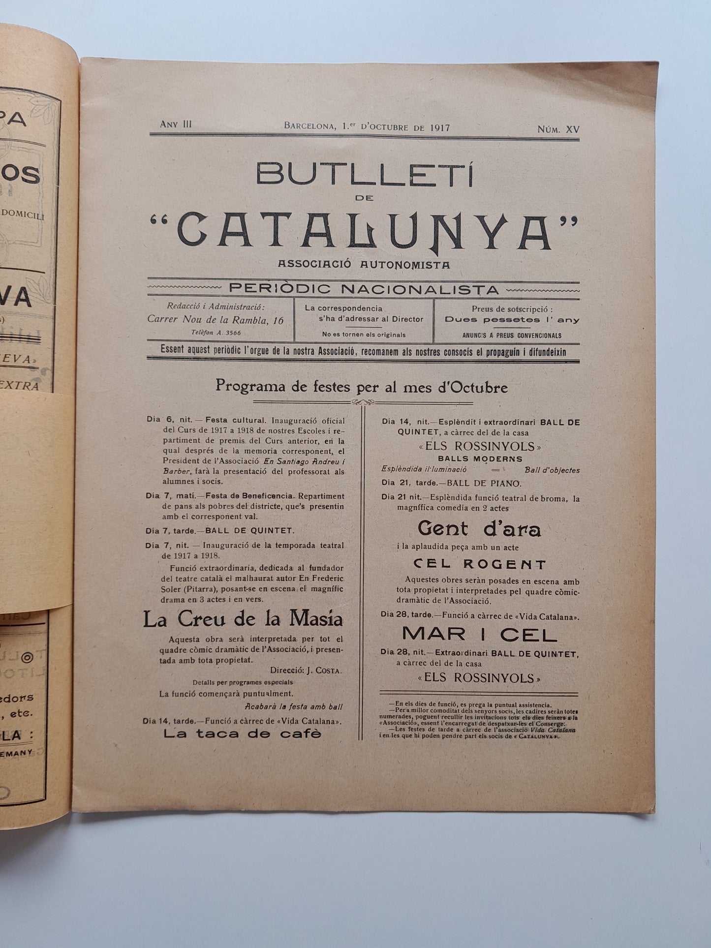 BUTLLETÍ DE CATALUNYA (BARCELONA) - ANY 3, NÚM. 15 (1 OCTUBRE 1917)