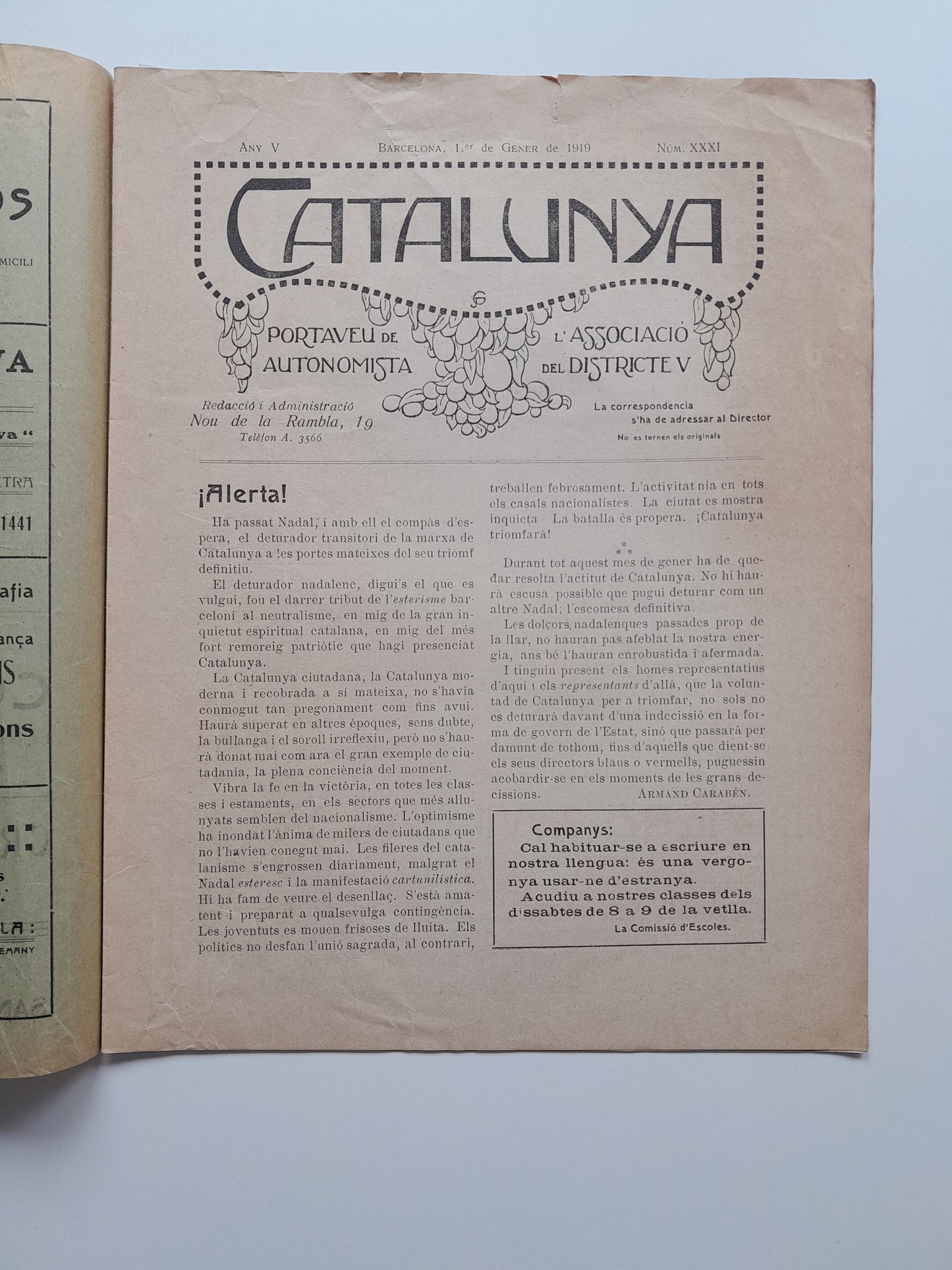 BUTLLETÍ DE CATALUNYA (BARCELONA) - ANY 5, NÚM. 31 (1 GENER 1919)