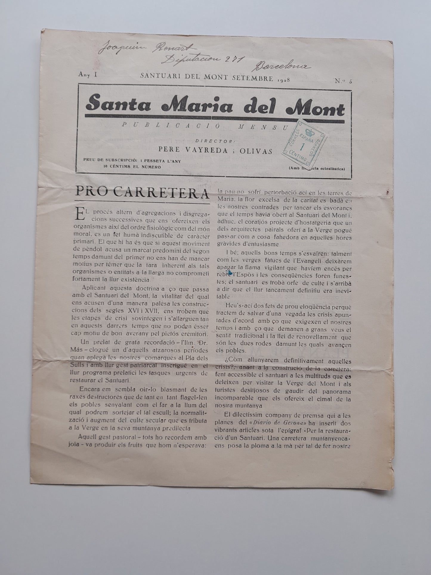 SANTA MARIA DEL MONT (SANTUARI DEL MONT) - ANY 1, NÚM. 5 (SETEMBRE 1928)