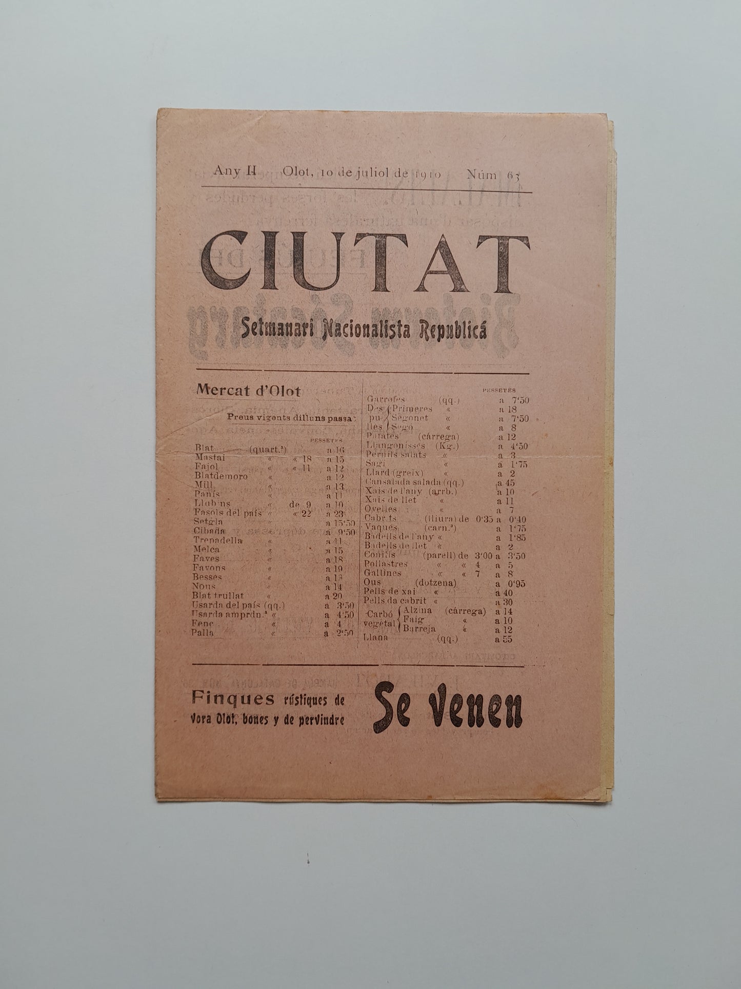 CIUTAT. SETMANARI NACIONALISTA REPUBLICÀ (OLOT) - ANY 2, NÚM. 63 (10 JULIOL 1910)