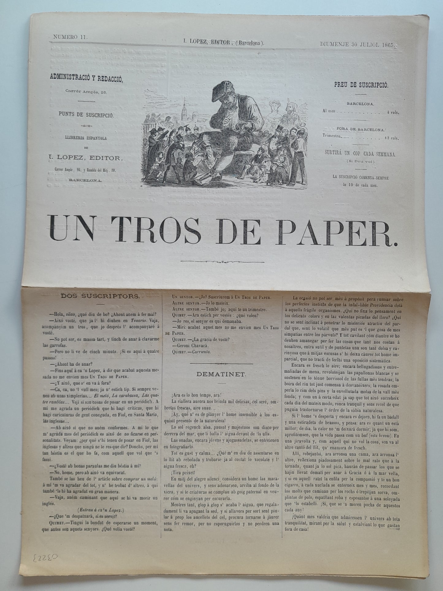 UN TROS DE PAPER (BARCELONA) - ANY 1, NÚM. 11 (30 JULIOL 1865)