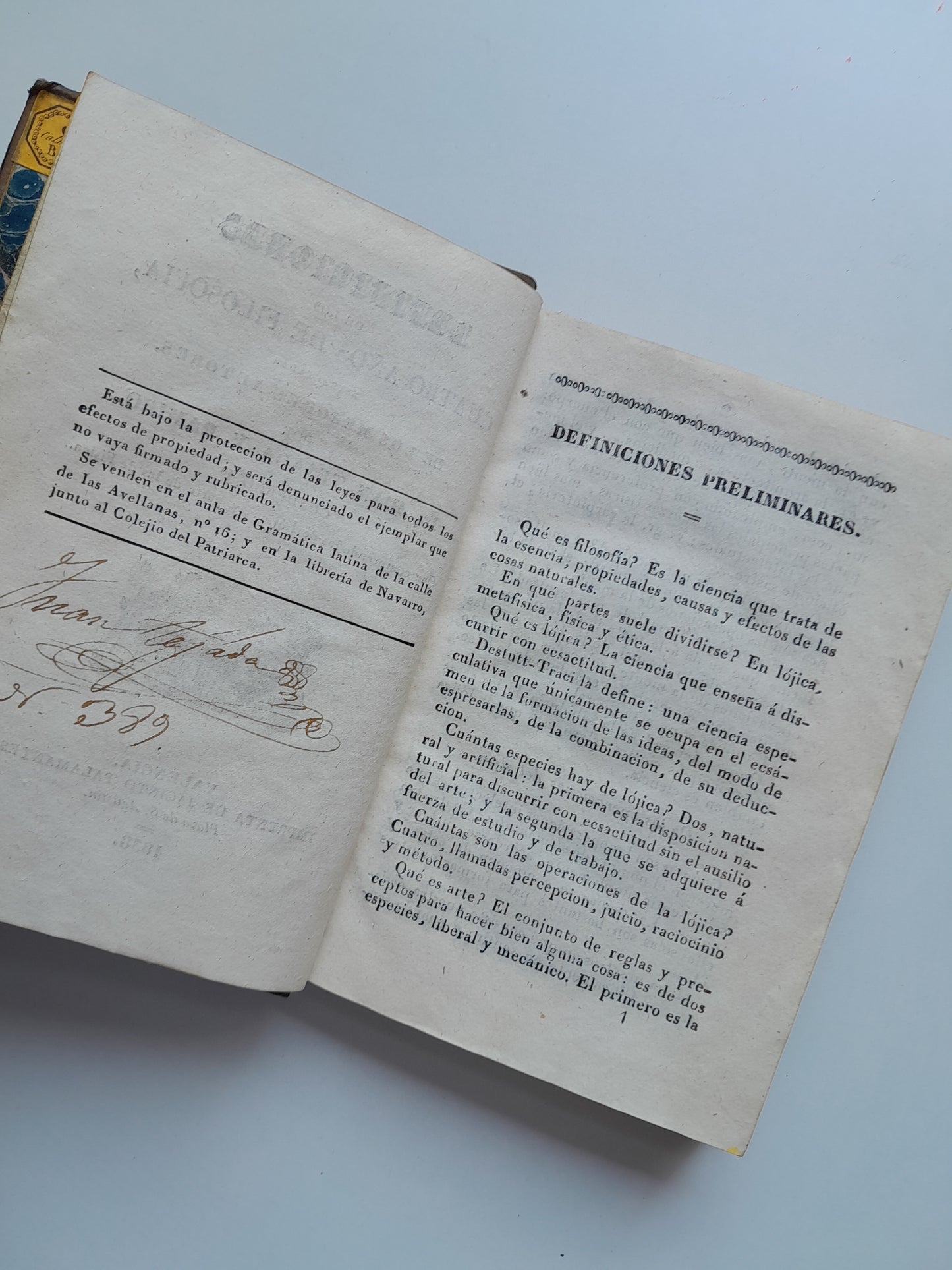DEFINICIONES DE LOS CUATRO AÑOS DE FILOSOFÍA - JUAN TEJADA RAMIRO (IMP. JACINTO TALAMANTES, 1835)