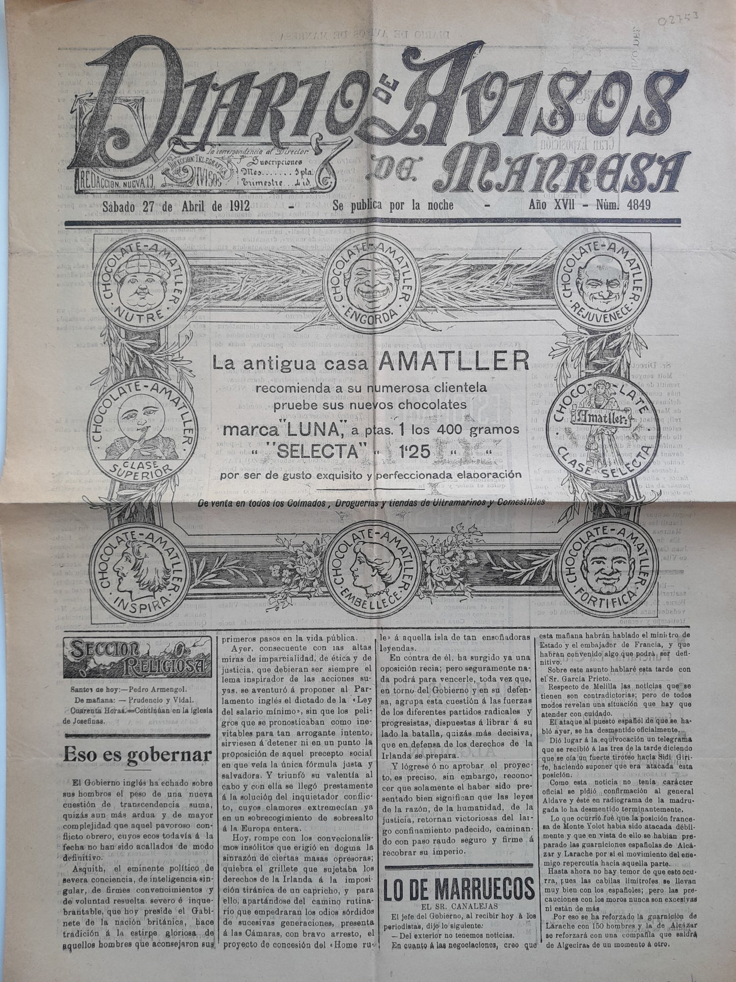DIARIO DE AVISOS DE MANRESA (MANRESA) - ANY 17, NÚM. 4849 (27 ABRIL 1912)