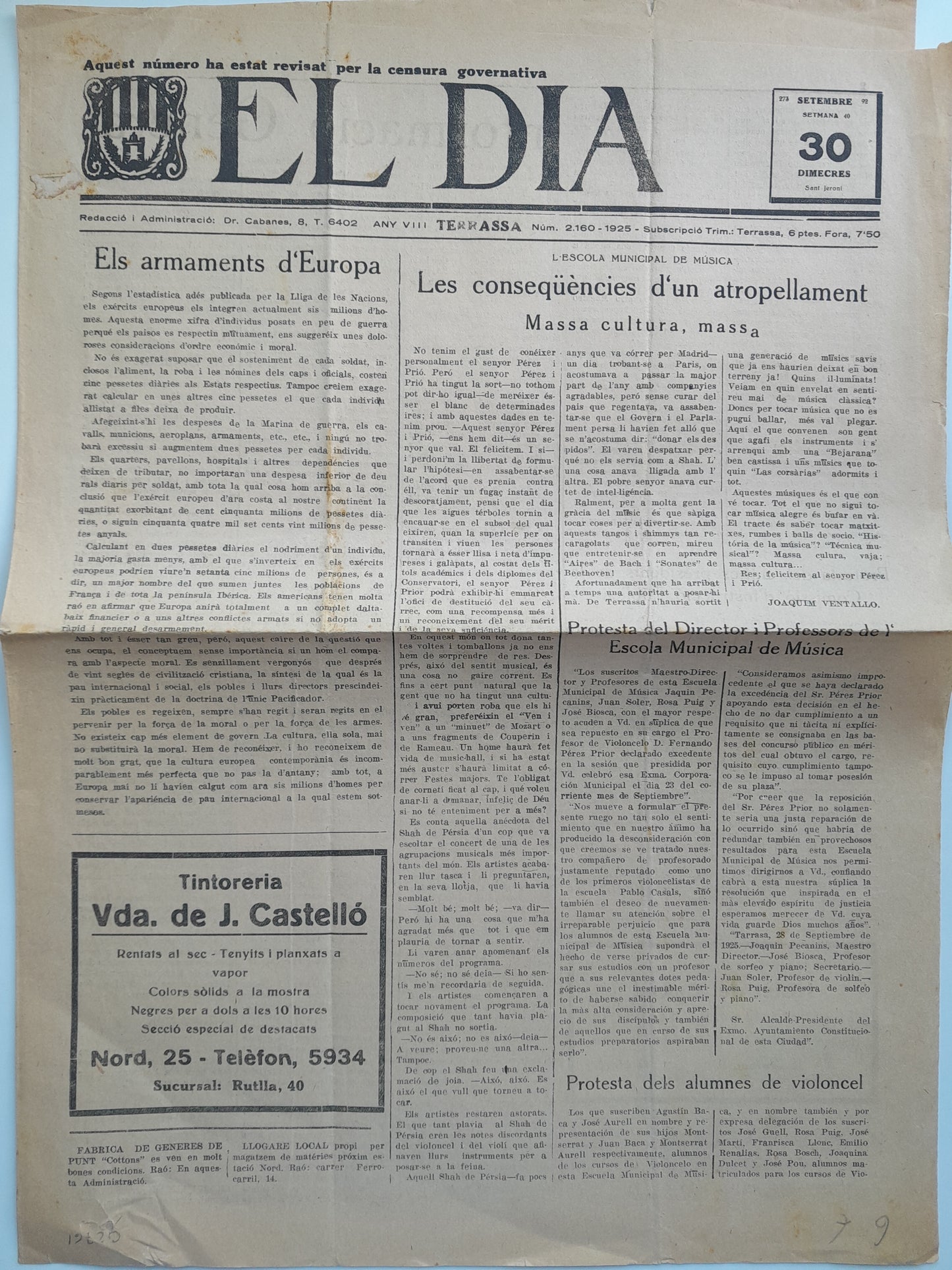 EL DIA. DIARI DE TERRASSA (TERRASSA) - ANY 8, NÚM. 2160 (30 SETEMBRE 1925)