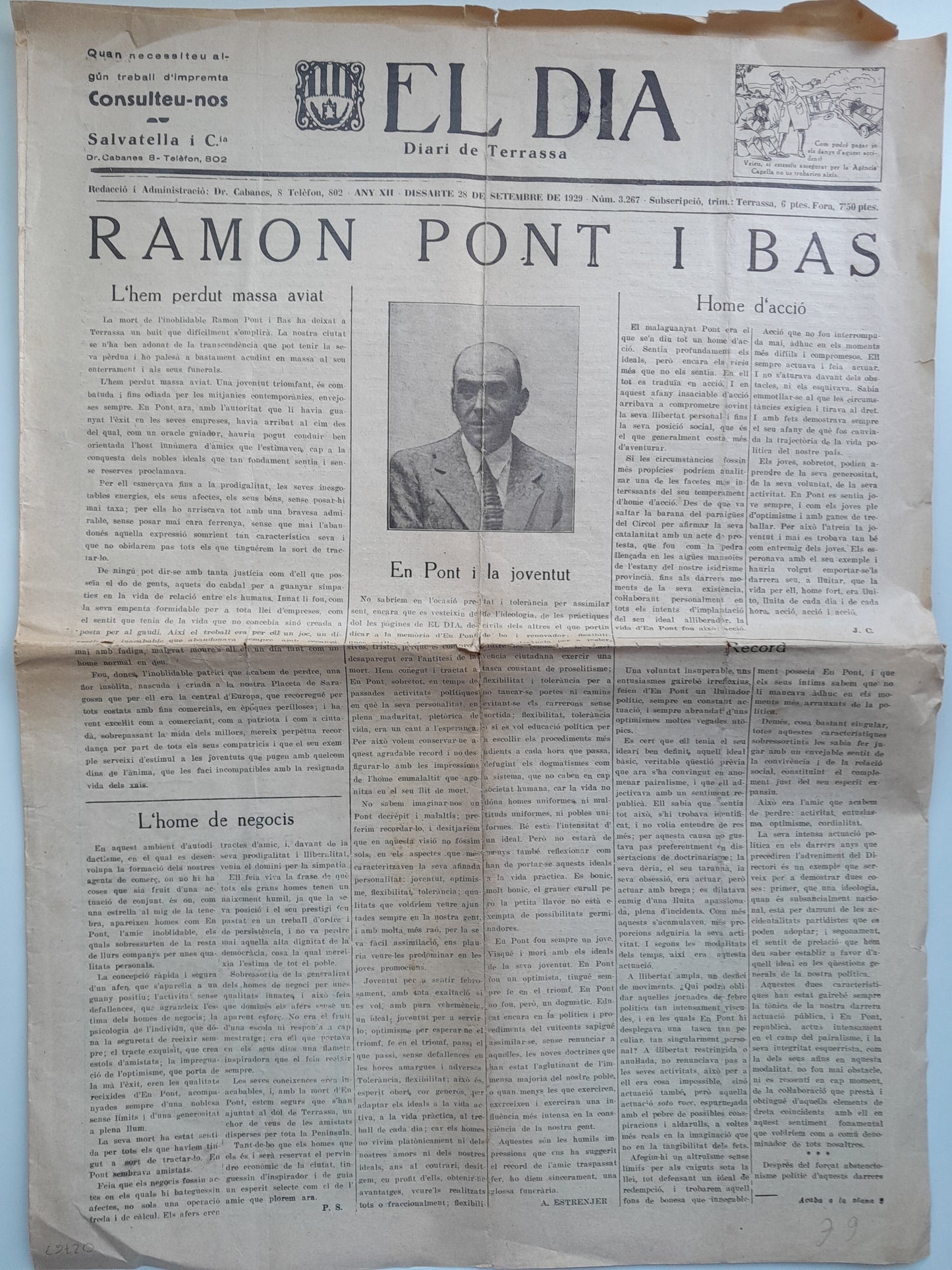 EL DIA. DIARI DE TERRASSA (TERRASSA) - ANY 12, NÚM. 3267 (28 SETEMBRE 1929)