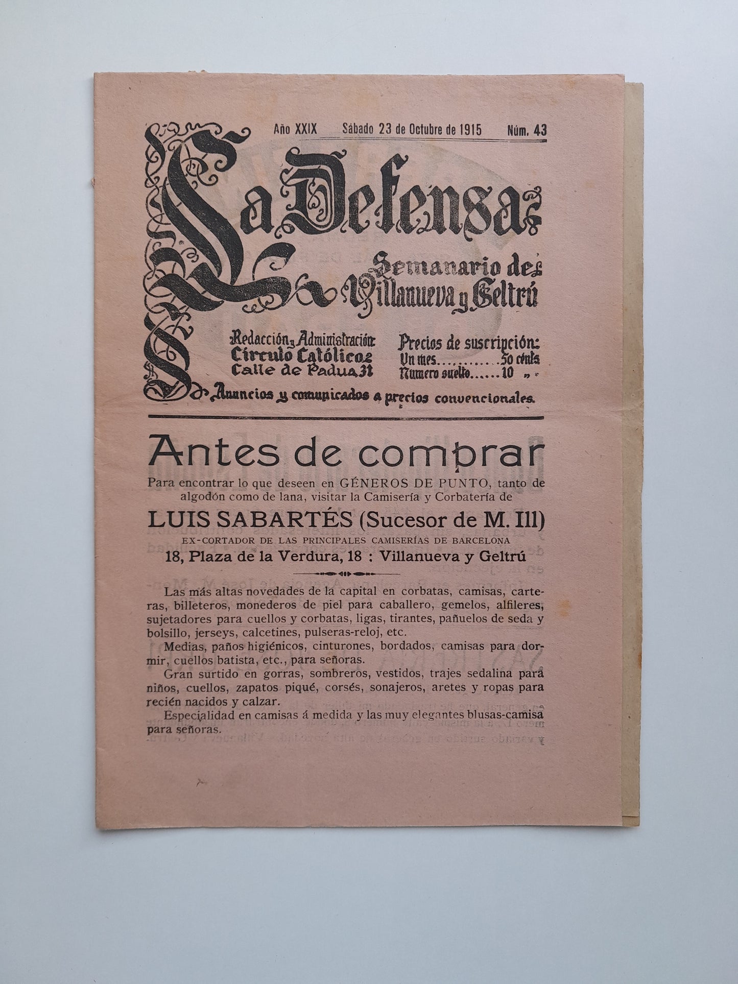 LA DEFENSA (VILANOVA I LA GELTRÚ) - ANY 29, NÚM. 43 (23 OCTUBRE 1915)