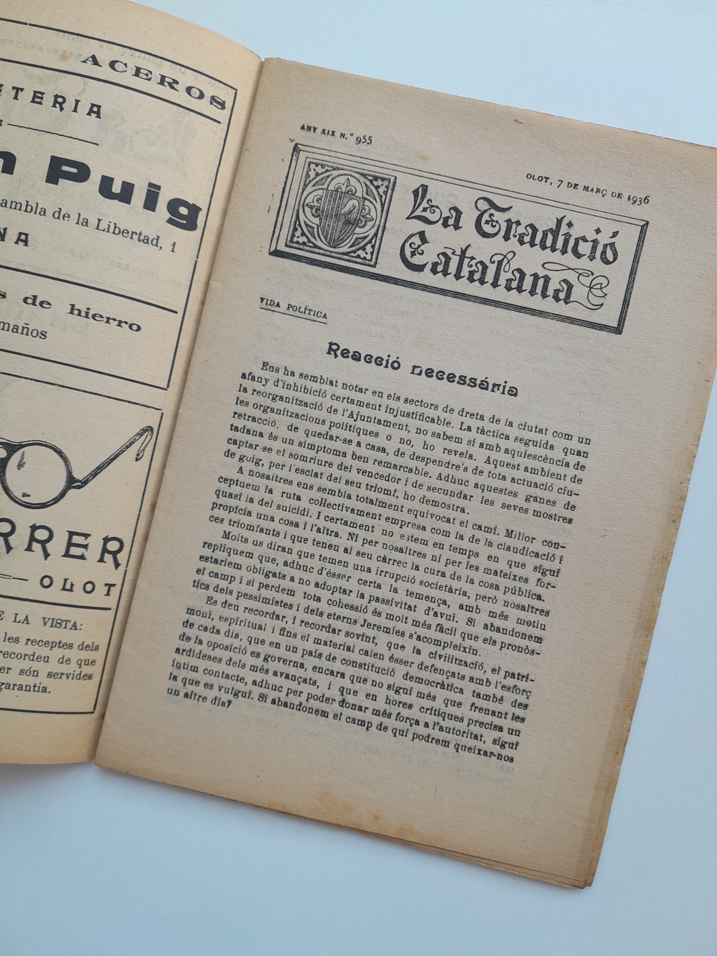 LA TRADICIÓ CATALANA (OLOT) - ANY 20, NÚM. 955 (7 MARÇ 1936)