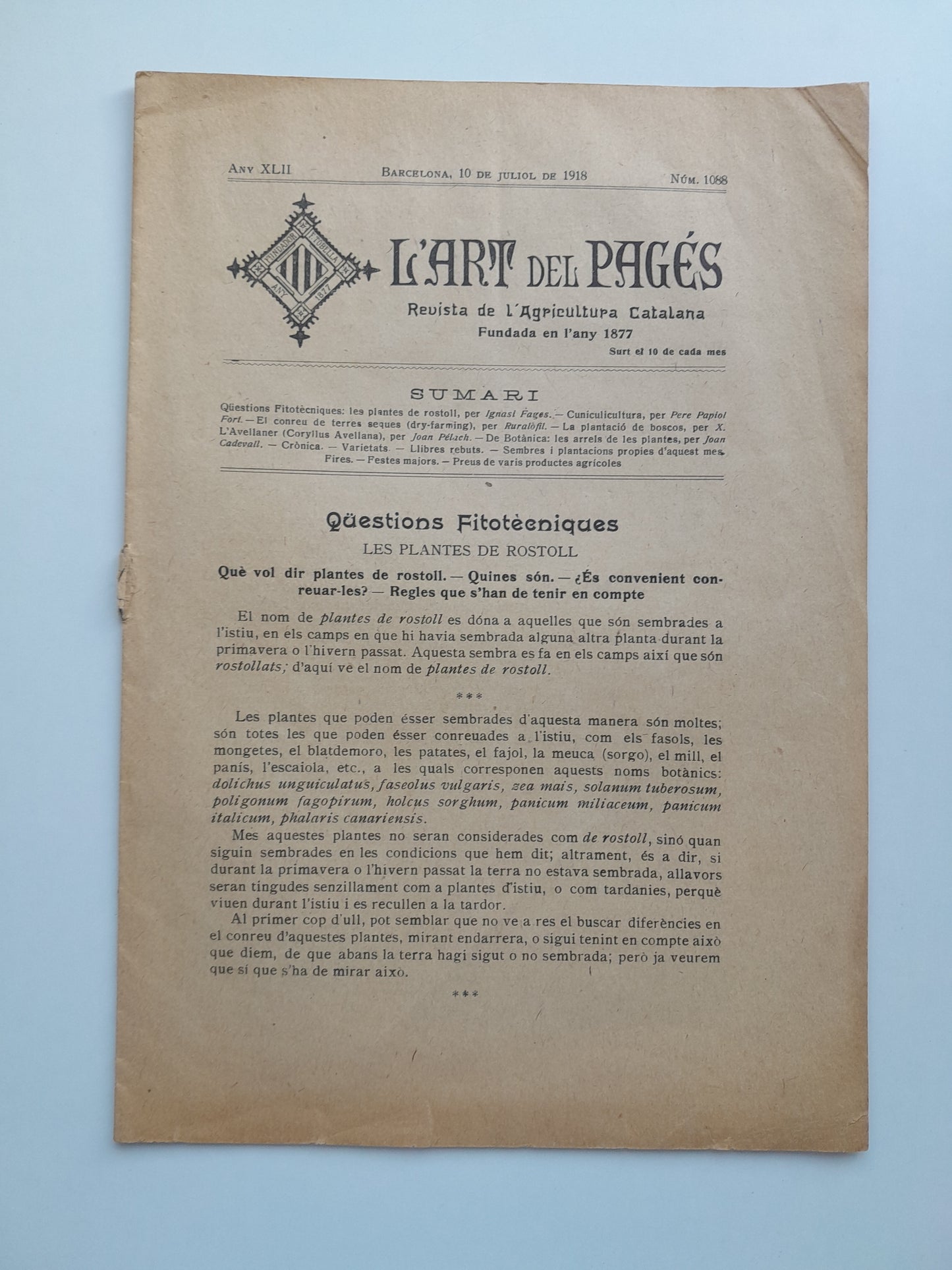 L'ART DEL PAGÈS (BARCELONA) - ANY 42, NÚM. 1088 (10 JULIOL 1918)