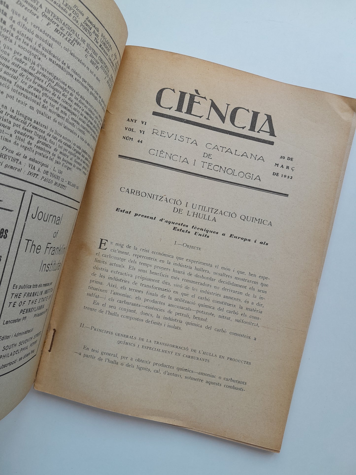 CIÈNCIA. REVISTA CATALANA DE CIÈNCIA I TECNOLOGIA (BARCELONA) - ANY 6, VOL. 6, NÚM. 44 (20 MARÇ 1932)