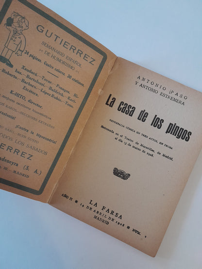 REVISTA DE TEATRO LA FARSA: LA CASA DE LOS PINGOS, DE ANTONIO PASO Y ANTONIO ESTREMERA - AÑO 2, NÚM. 32 (14 ABRIL 1928)