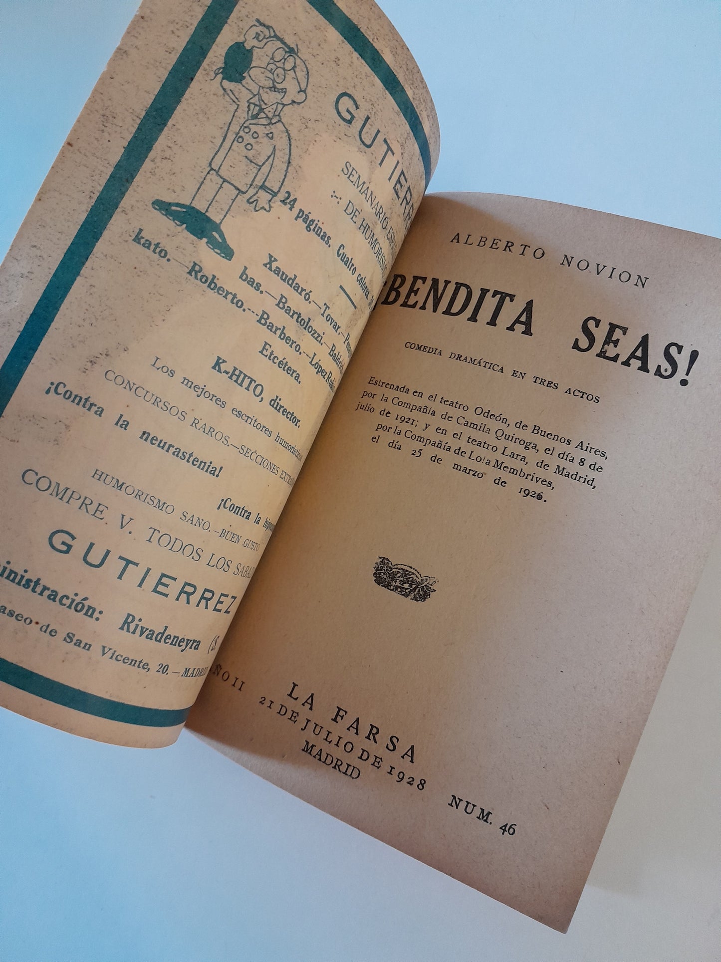 REVISTA DE TEATRO LA FARSA: ¡BENDITA SEAS!, DE ALBERTO NOVIÓN - AÑO 2, NÚM. 46 (21 JULIO 1928)