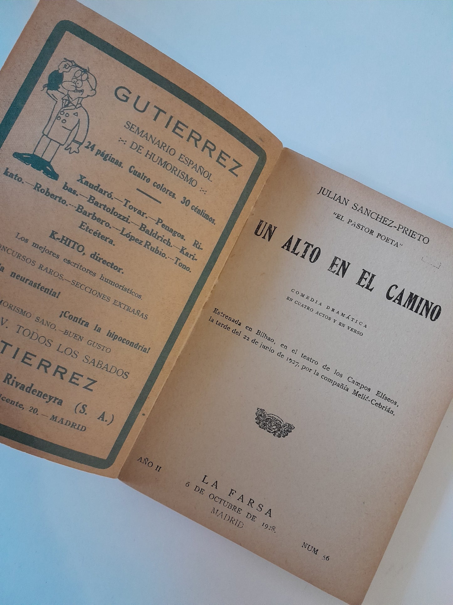 REVISTA DE TEATRO LA FARSA: UN ALTO EN EL CAMINO, DE JULIÁN SÁNCHEZ PRIETO - AÑO 2, NÚM. 56 (6 OCTUBRE 1928)
